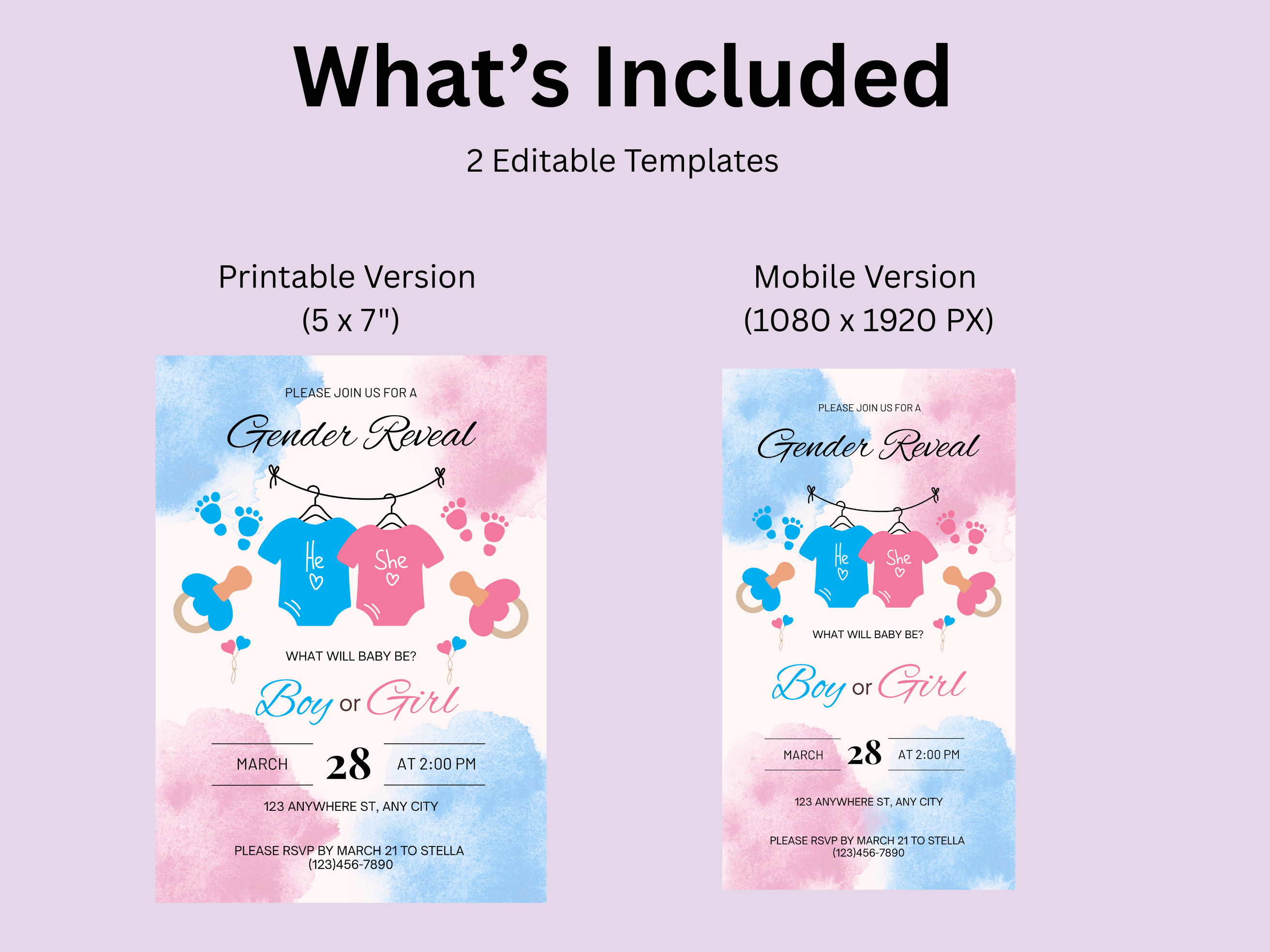 Gender reveal party invitation templates for printable and mobile versions on a light purple background.