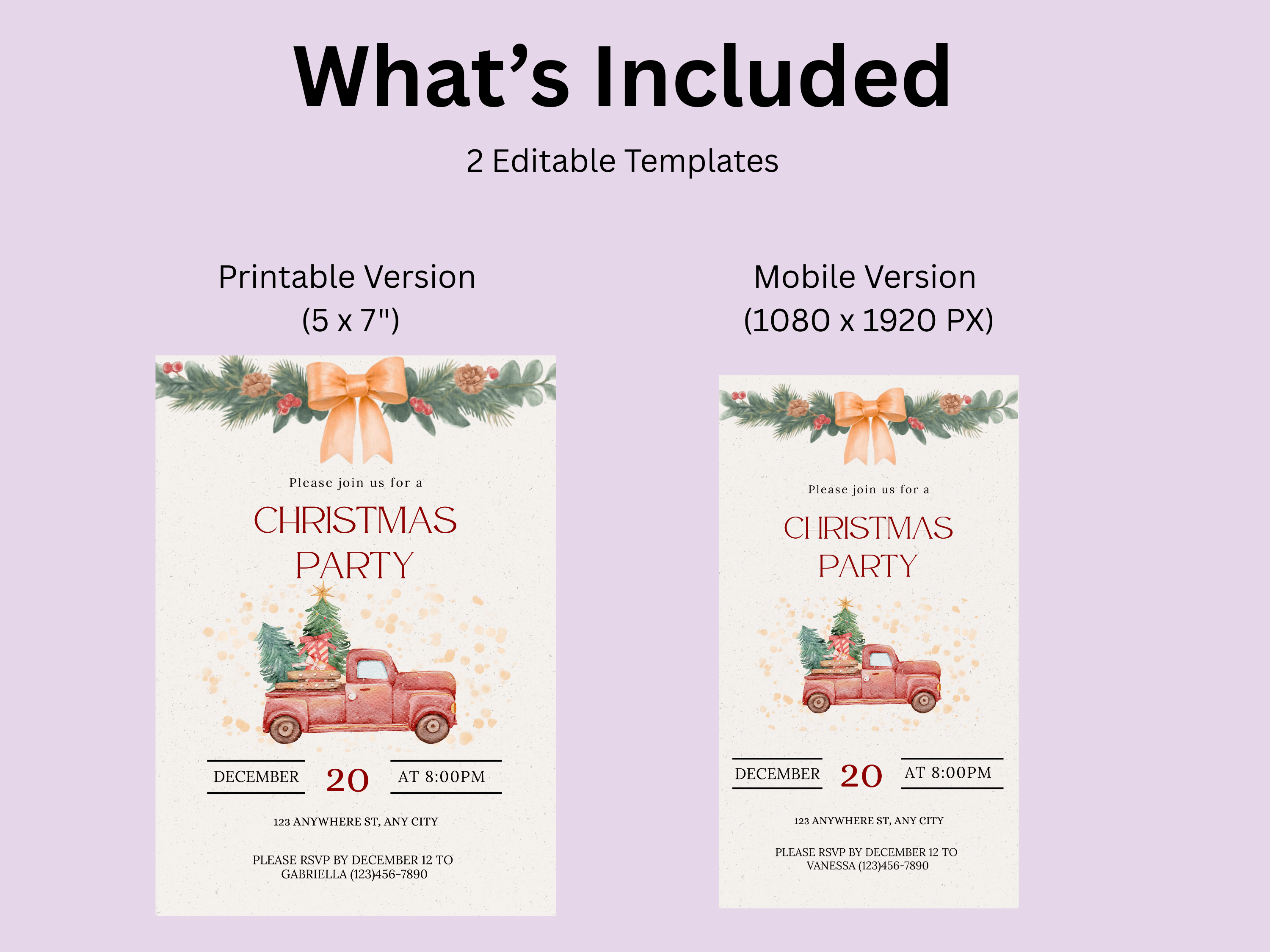 Two Christmas party invitations with a truck and trees on a purple background.