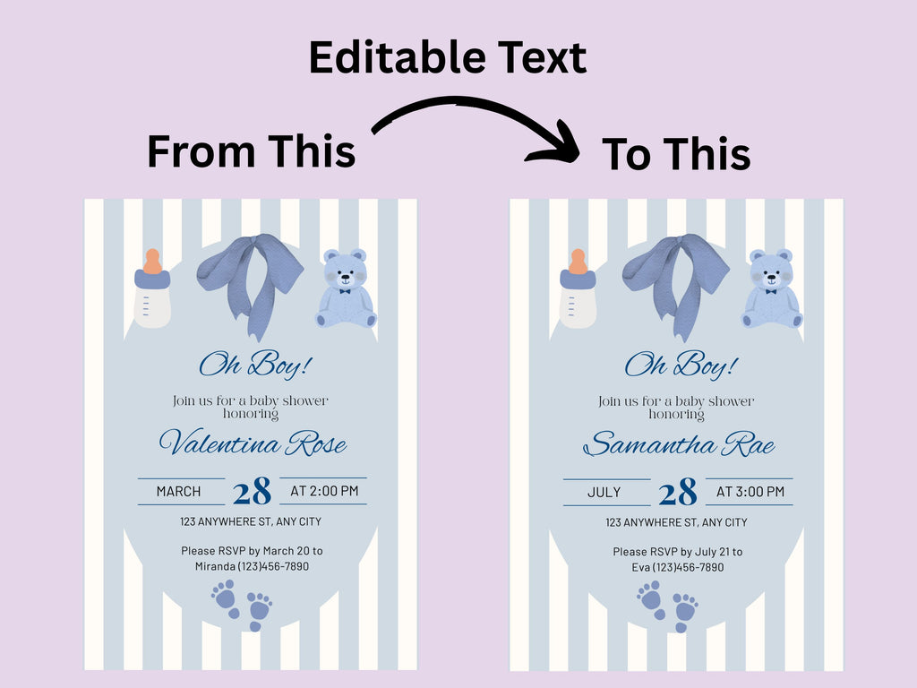 Baby shower invitation card with editable text on a purple background