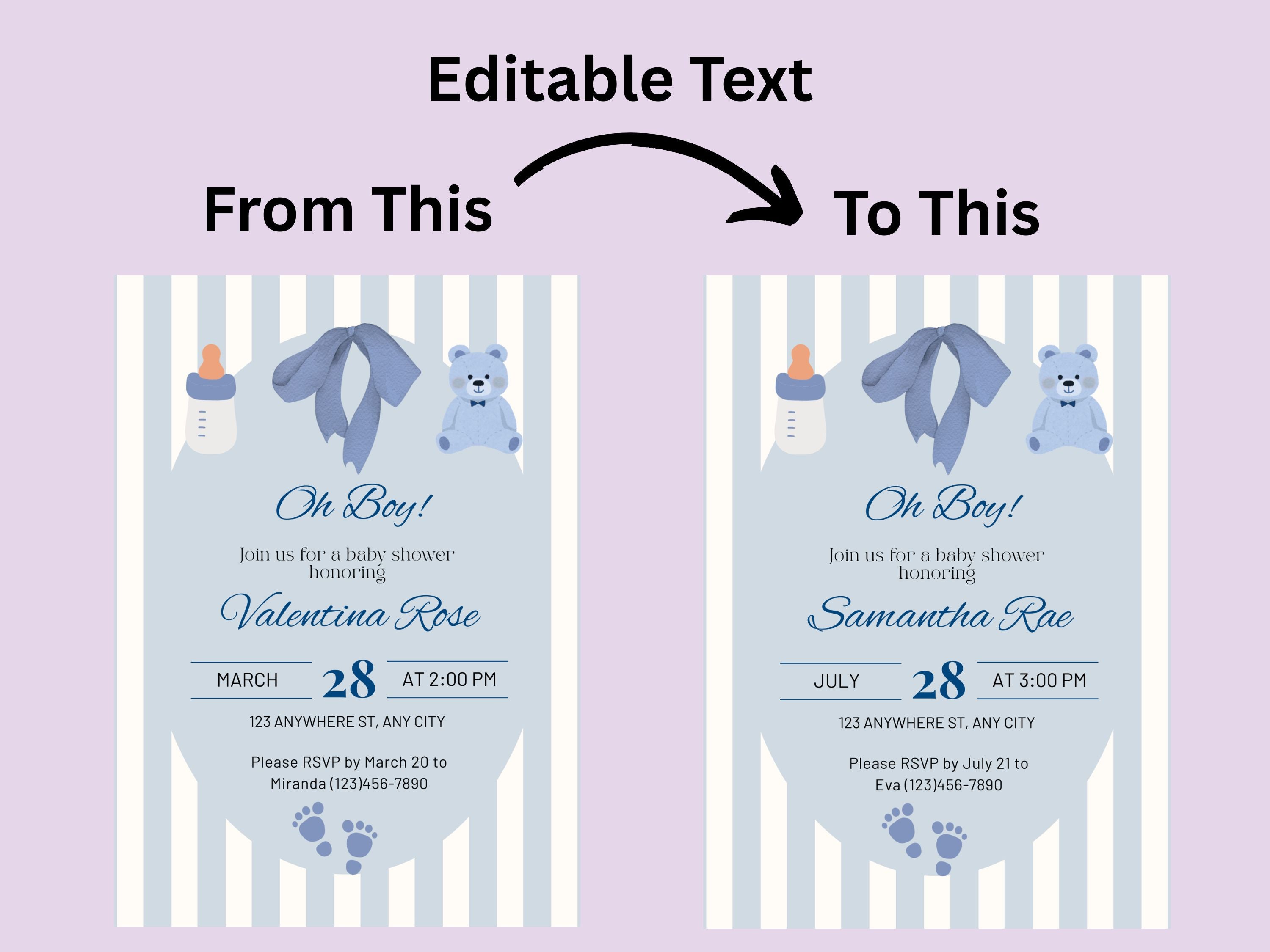 Baby shower invitation card with editable text on a purple background