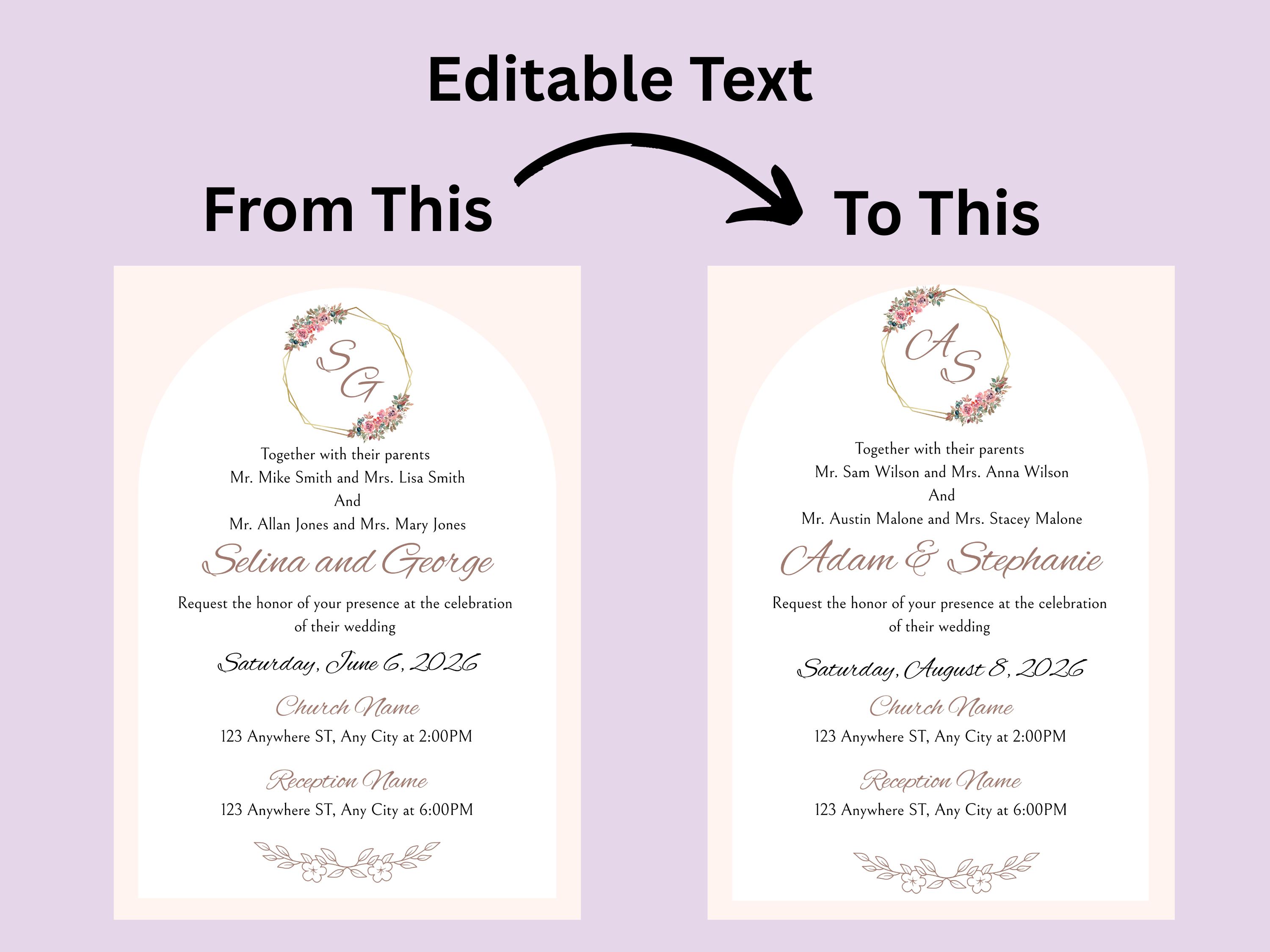 Wedding invitation card with editable text示例