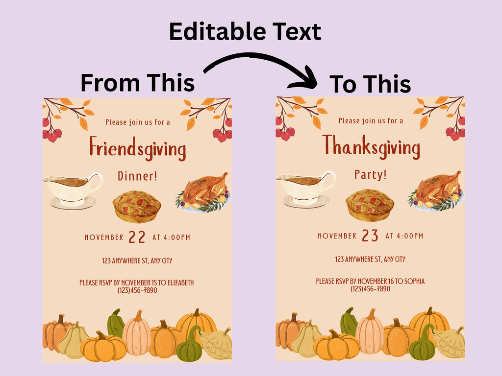 Invitation card design with editable text for Friendsgiving and Thanksgiving parties.
