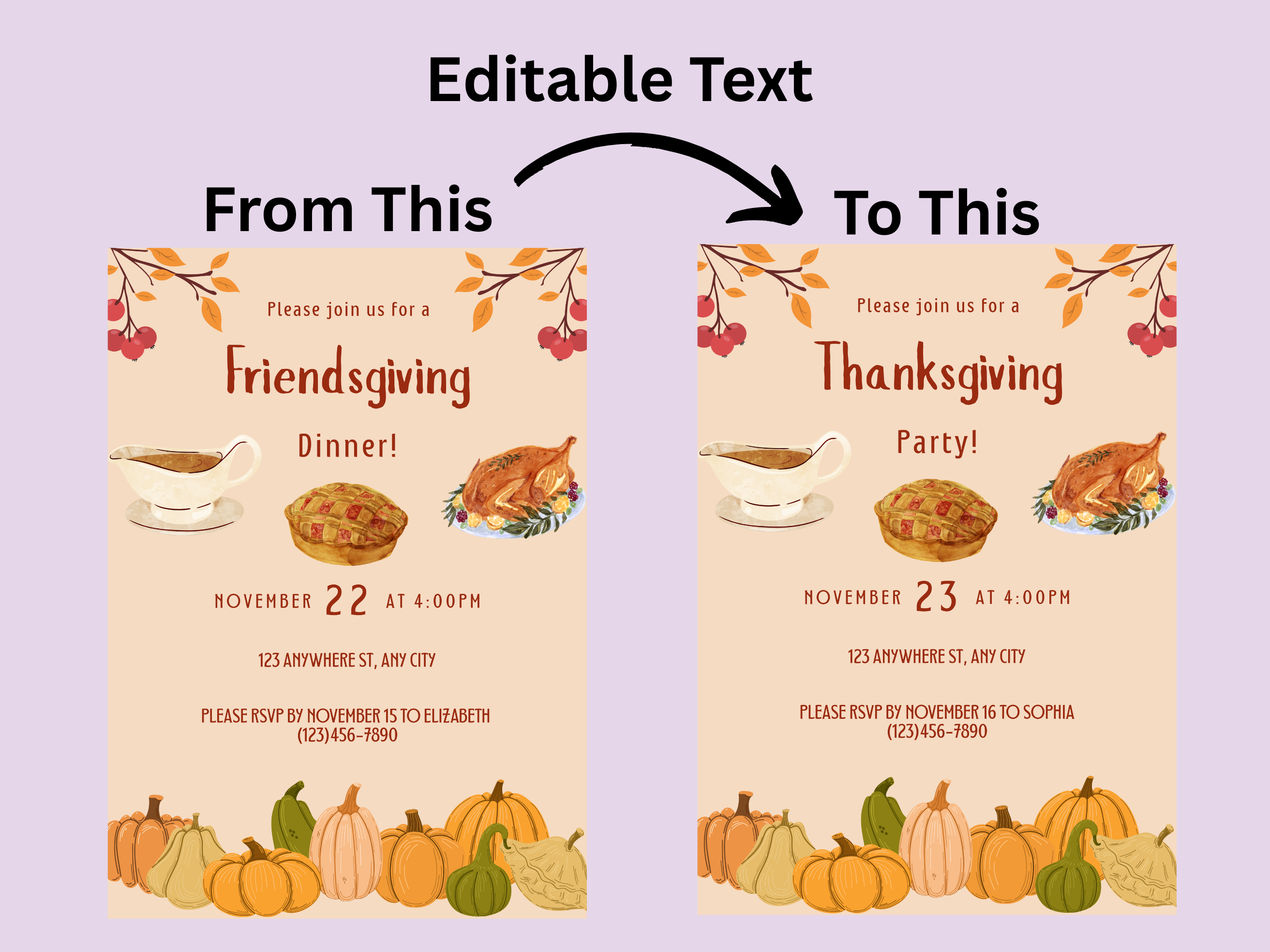 Invitation card design with editable text for Friendsgiving and Thanksgiving parties.