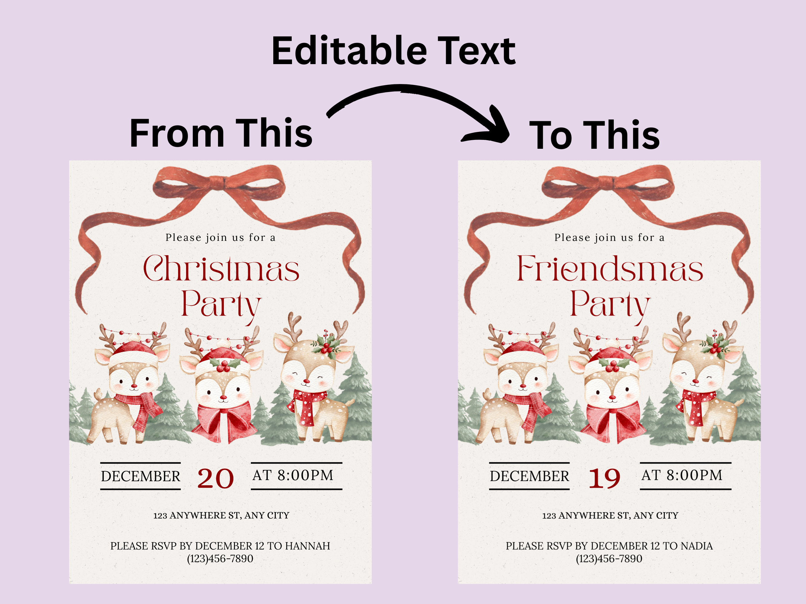 Christmas party invitation with editable text feature on a light purple background