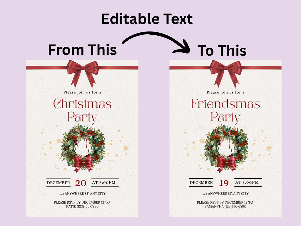 Christmas party invitation with editable text feature on a purple background