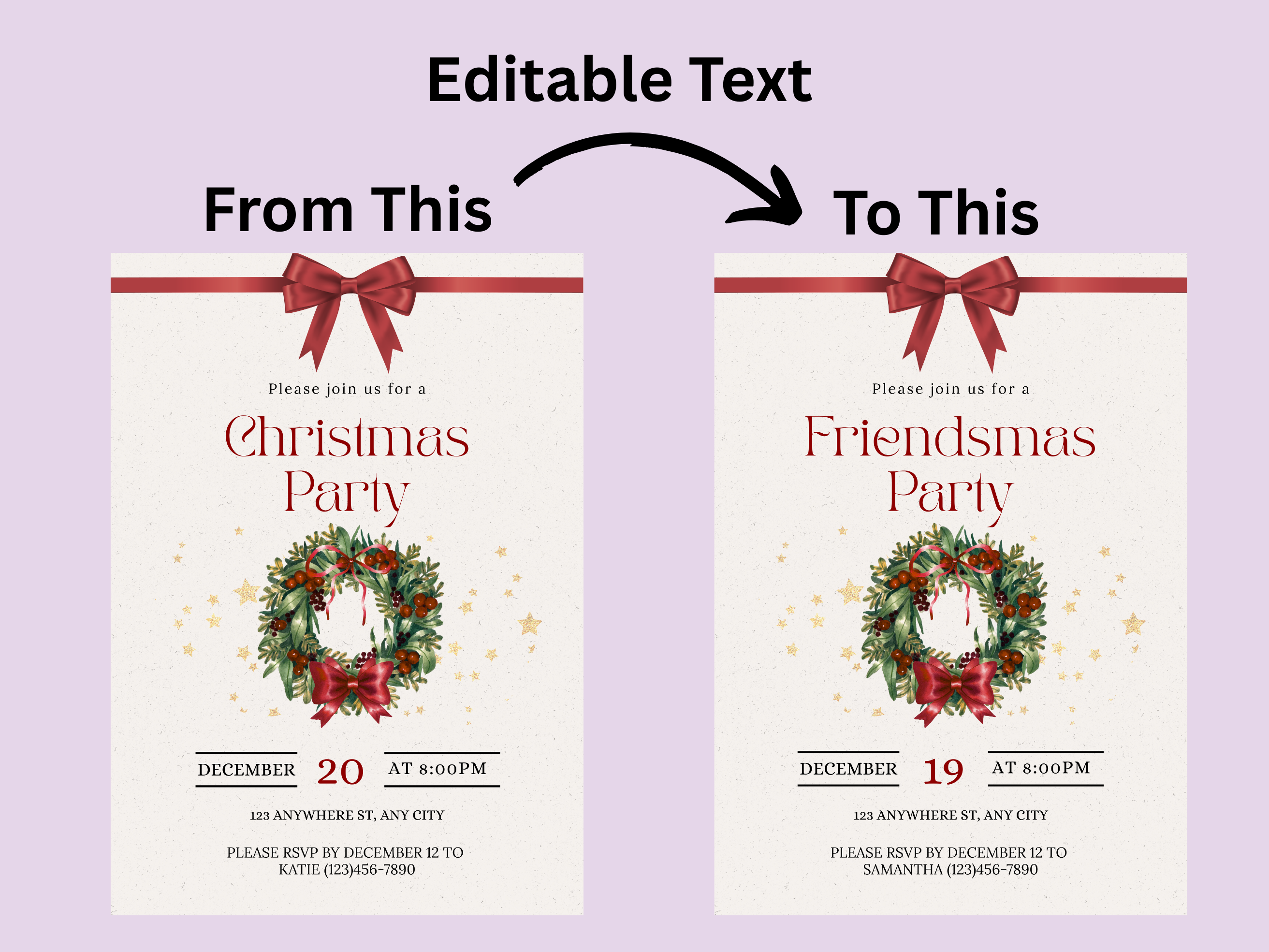 Christmas party invitation with editable text feature on a purple background