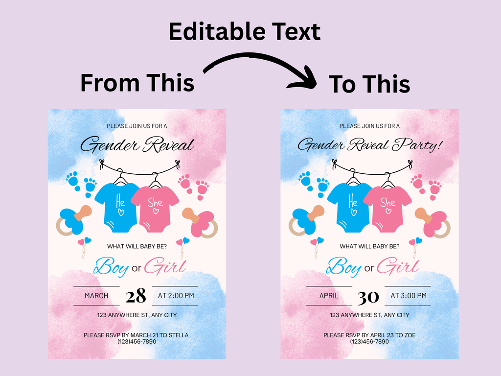 Gender reveal party invitation with editable text on a light purple background