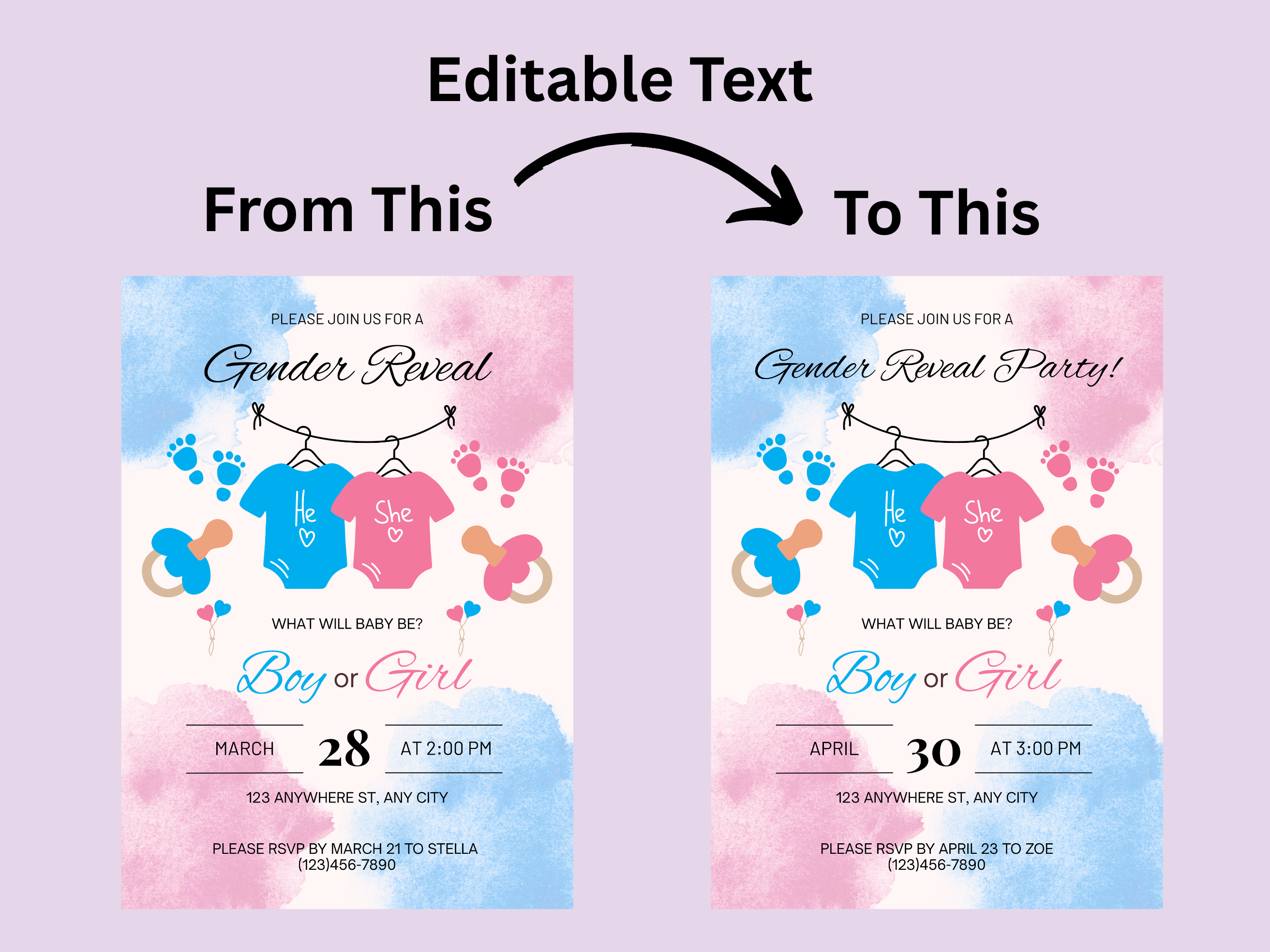 Gender reveal party invitation with editable text on a light purple background