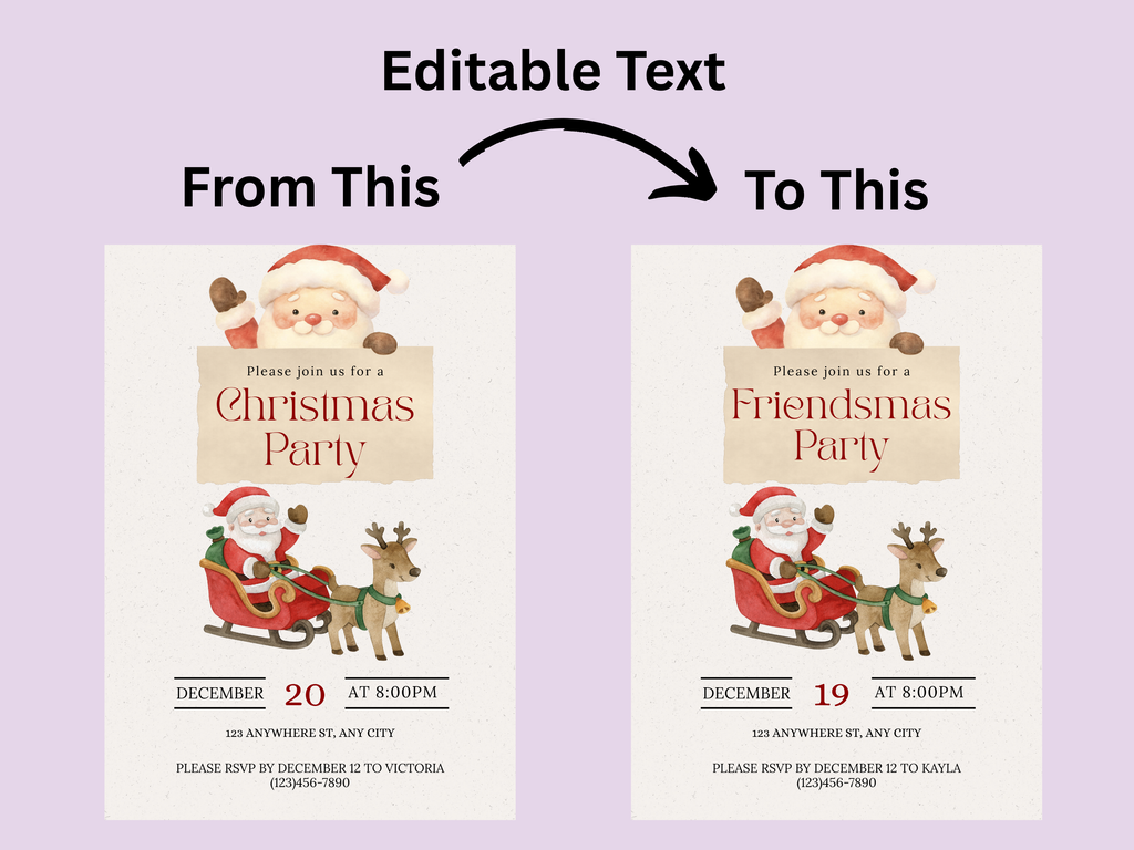 Christmas party invitation with editable text on a purple background