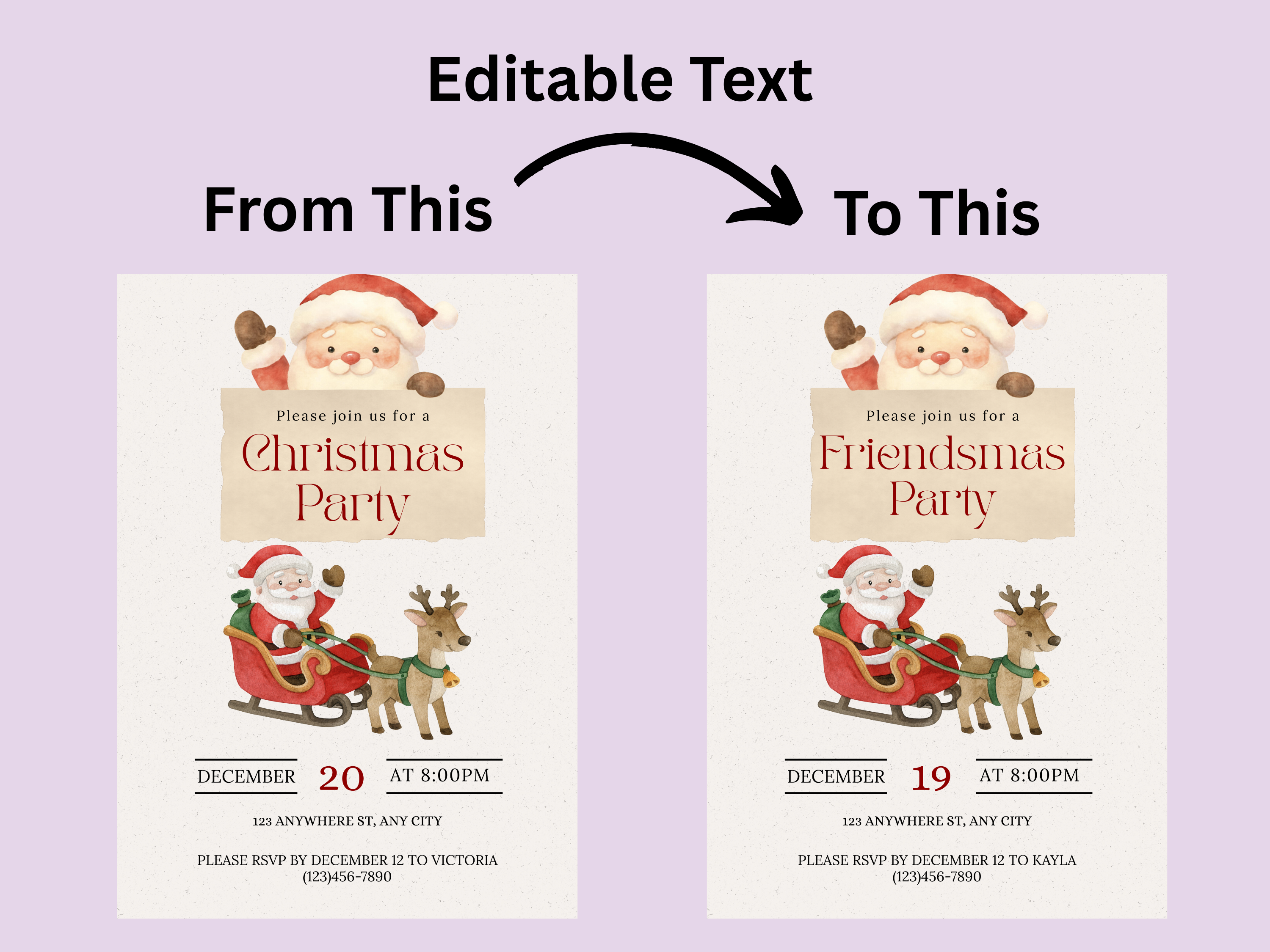 Christmas party invitation with editable text on a purple background