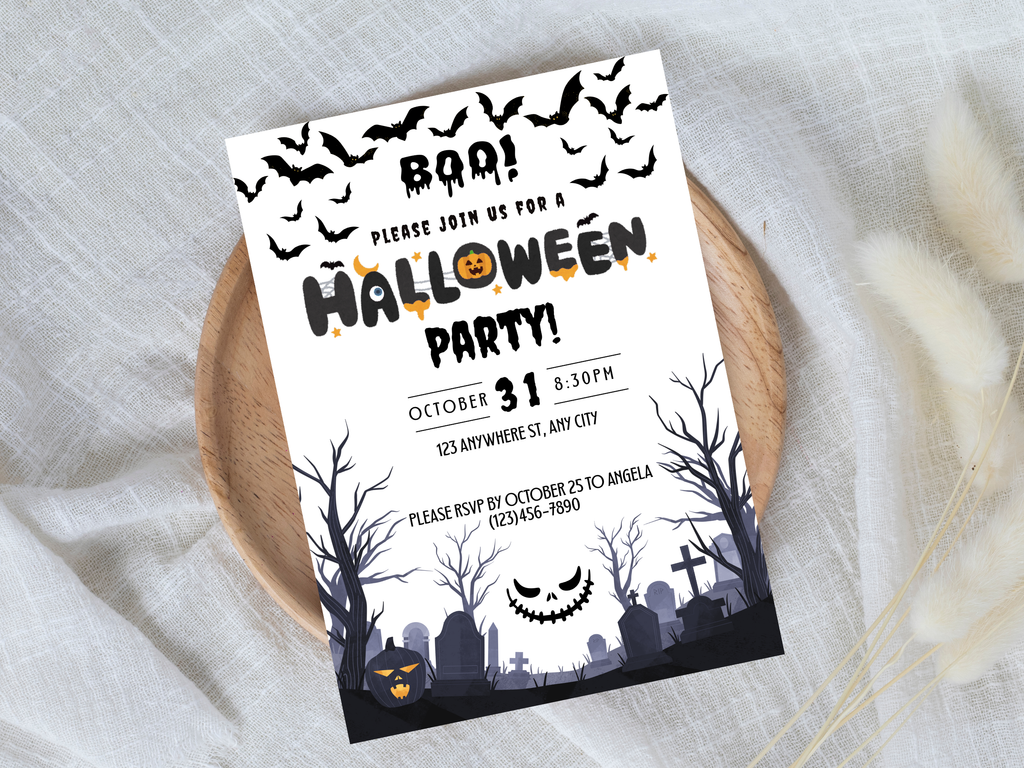Halloween party invitation with pumpkins, bats, and a graveyard on a white background.