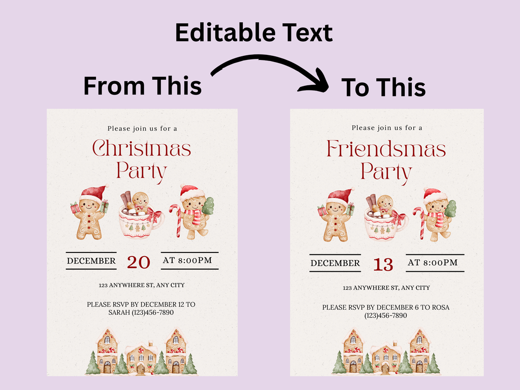 Two Christmas party invitations with editable text on a purple background