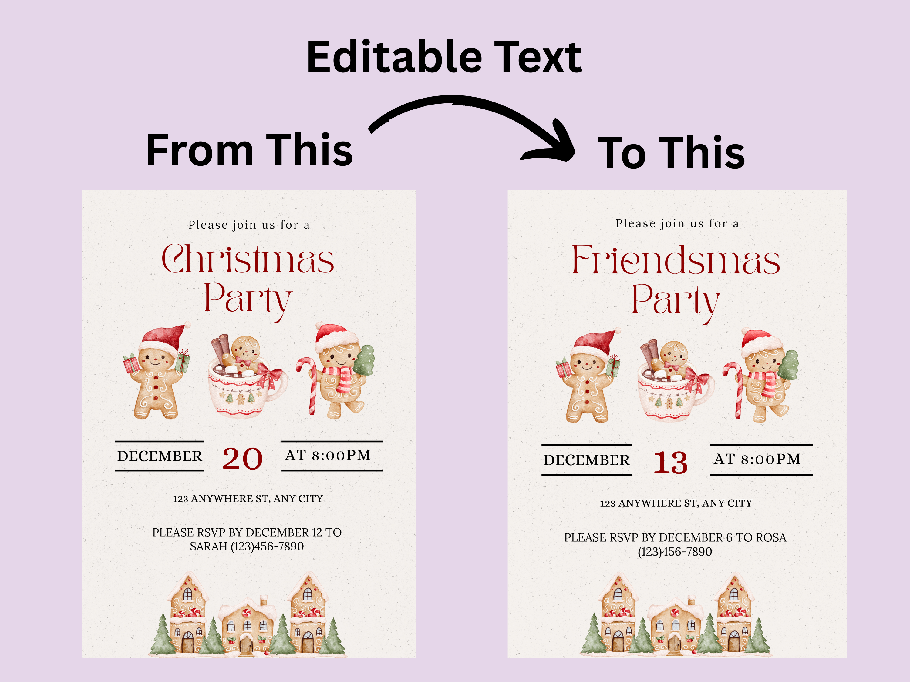 Two Christmas party invitations with editable text on a purple background