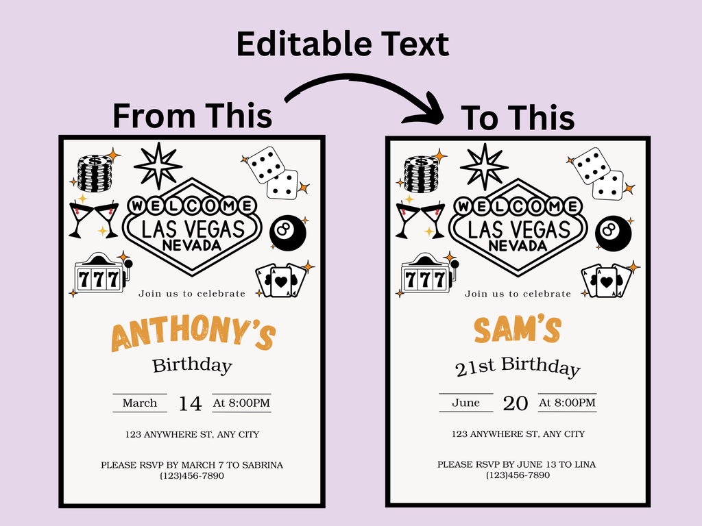 Before and after comparison of a Las Vegas-themed birthday invitation with editable text on a purple background.