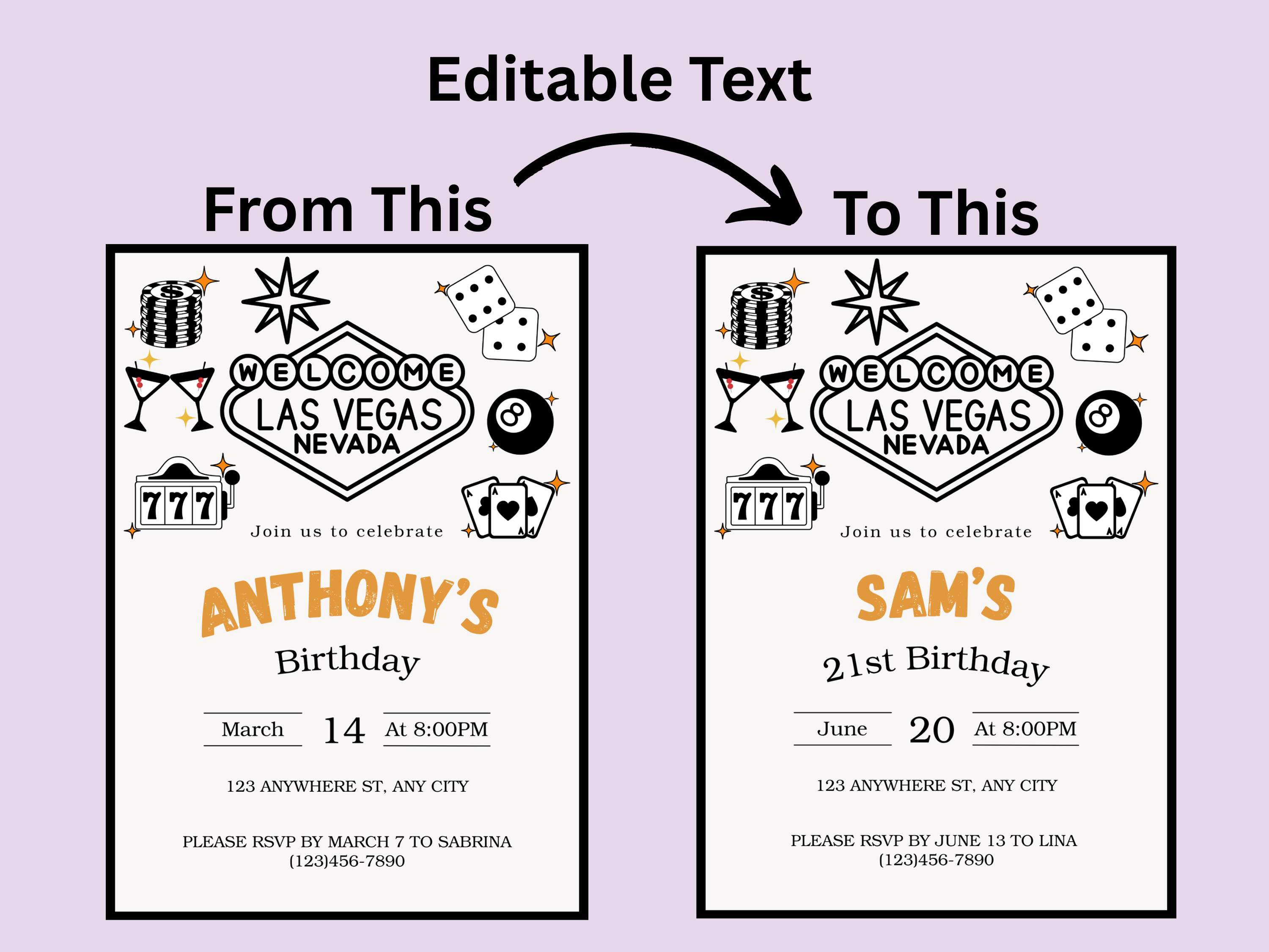Before and after comparison of a Las Vegas-themed birthday invitation with editable text on a purple background.