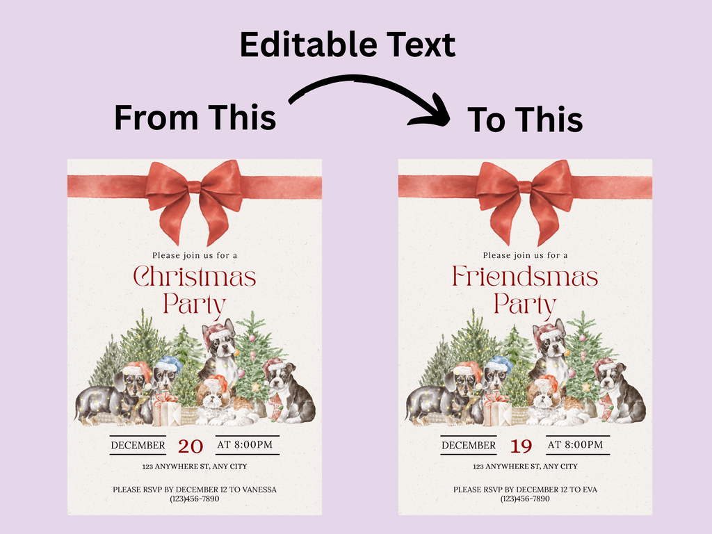 Two Christmas party invitations with text change from 'Christmas Party' to 'Friendsmas Party'.