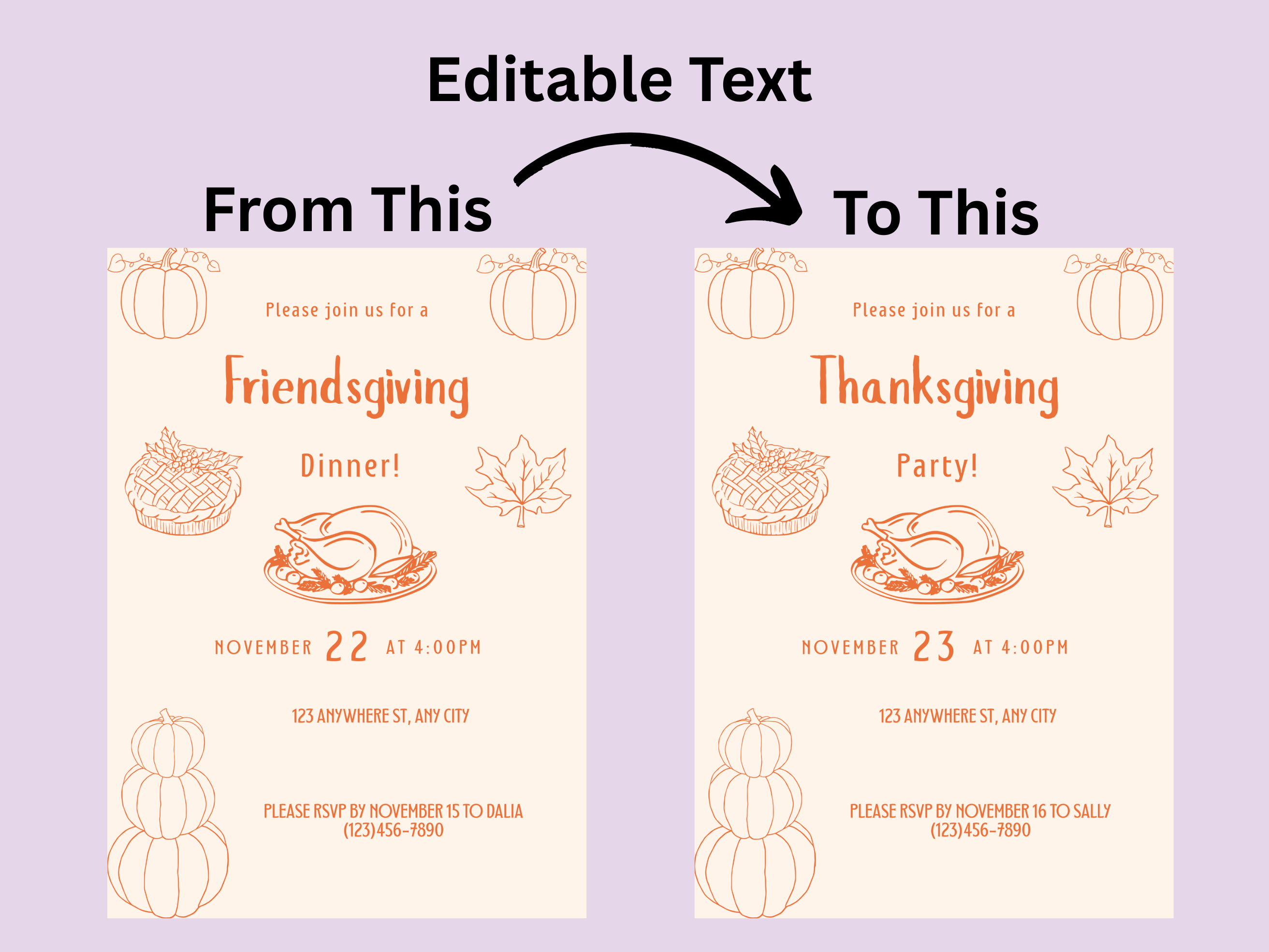 Two Thanksgiving invitations with editable text on a purple background