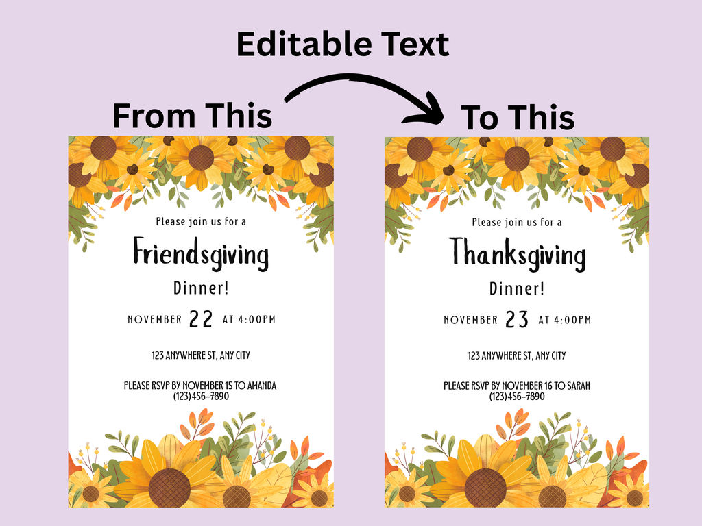 Two Thanksgiving invitations with sunflower border and text editing example on a light purple background.