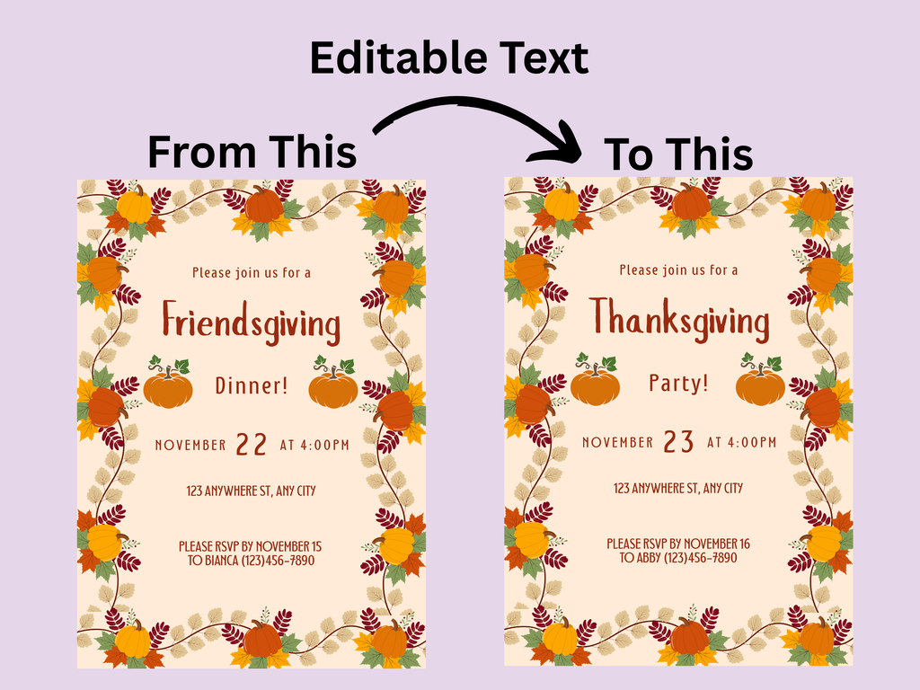 Two Thanksgiving invitations with editable text on a purple background