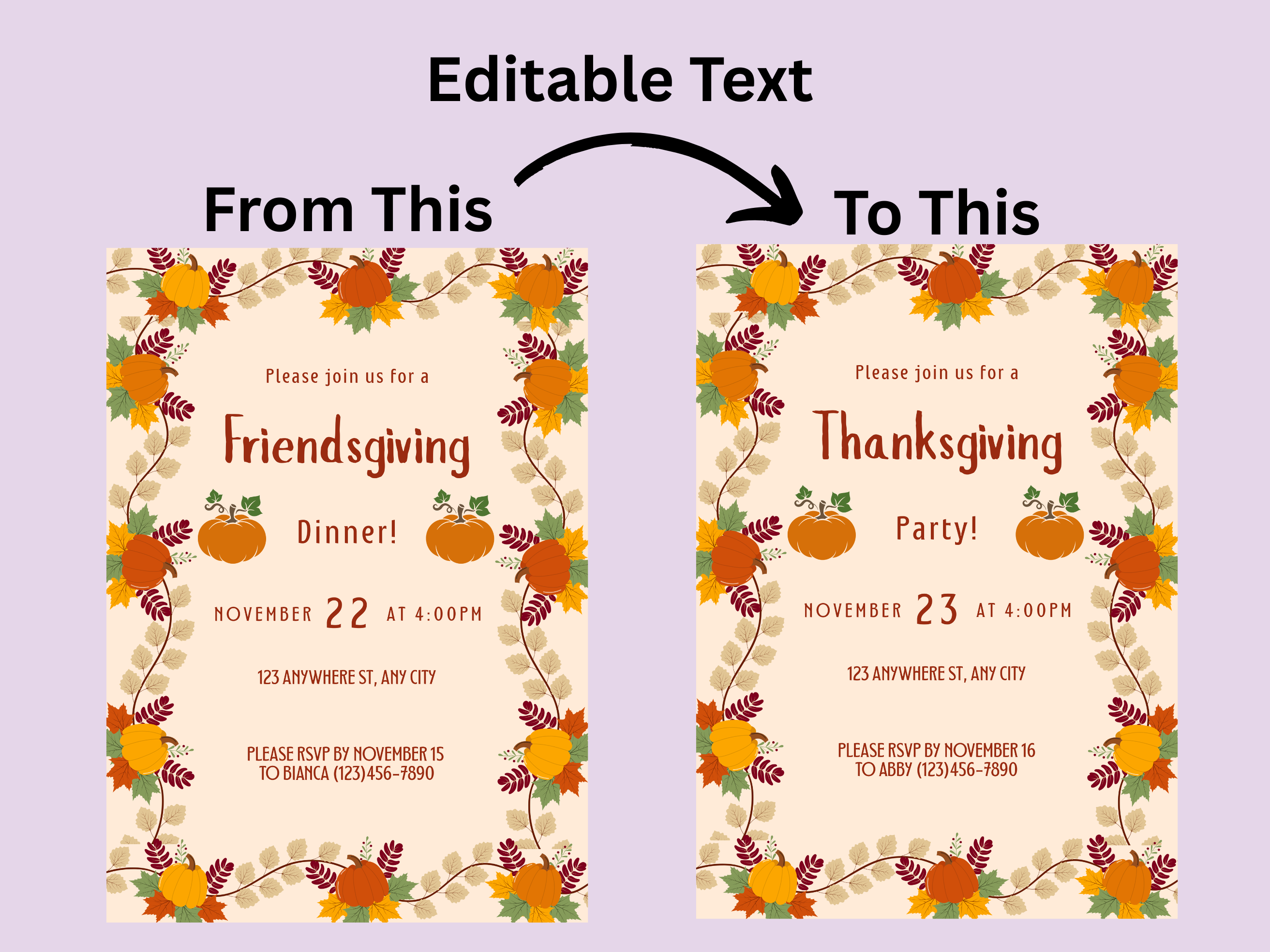 Two Thanksgiving invitations with editable text on a purple background