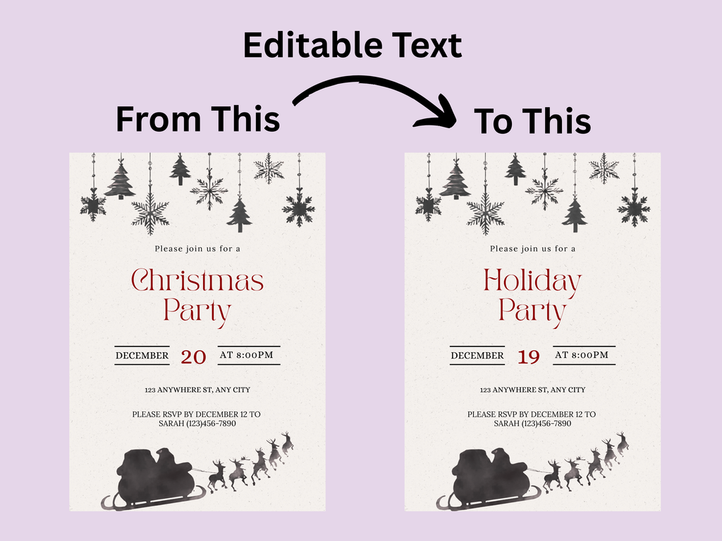 Two Christmas party invitations with text editing example on a purple background