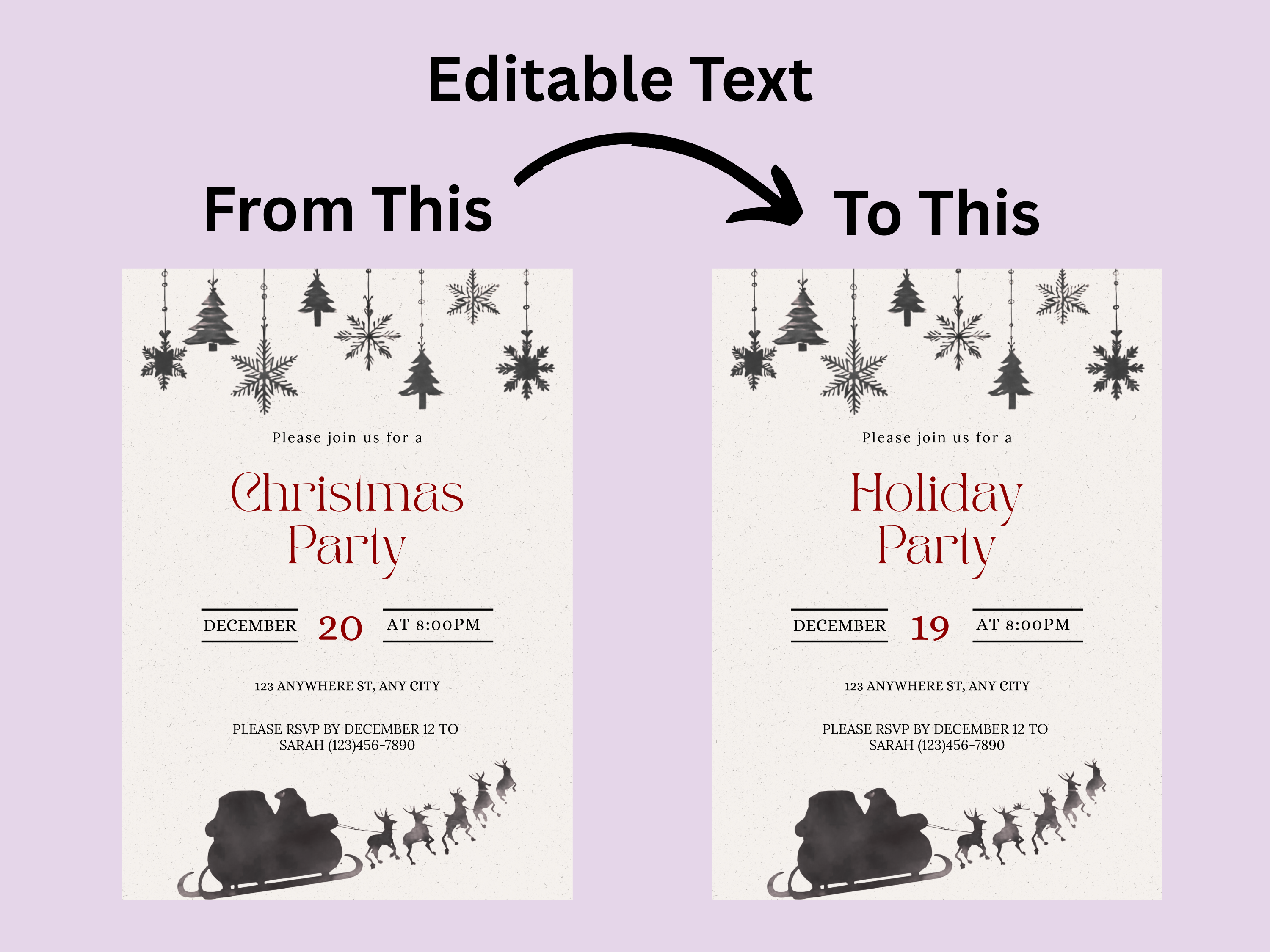 Two Christmas party invitations with text editing example on a purple background
