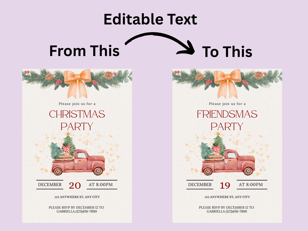 Christmas party invitation with text change example on a purple background