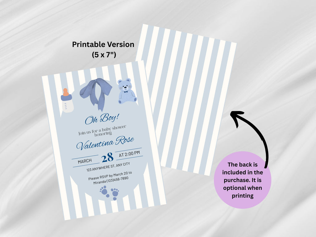 Baby shower invitation with blue and white striped design on a gray background