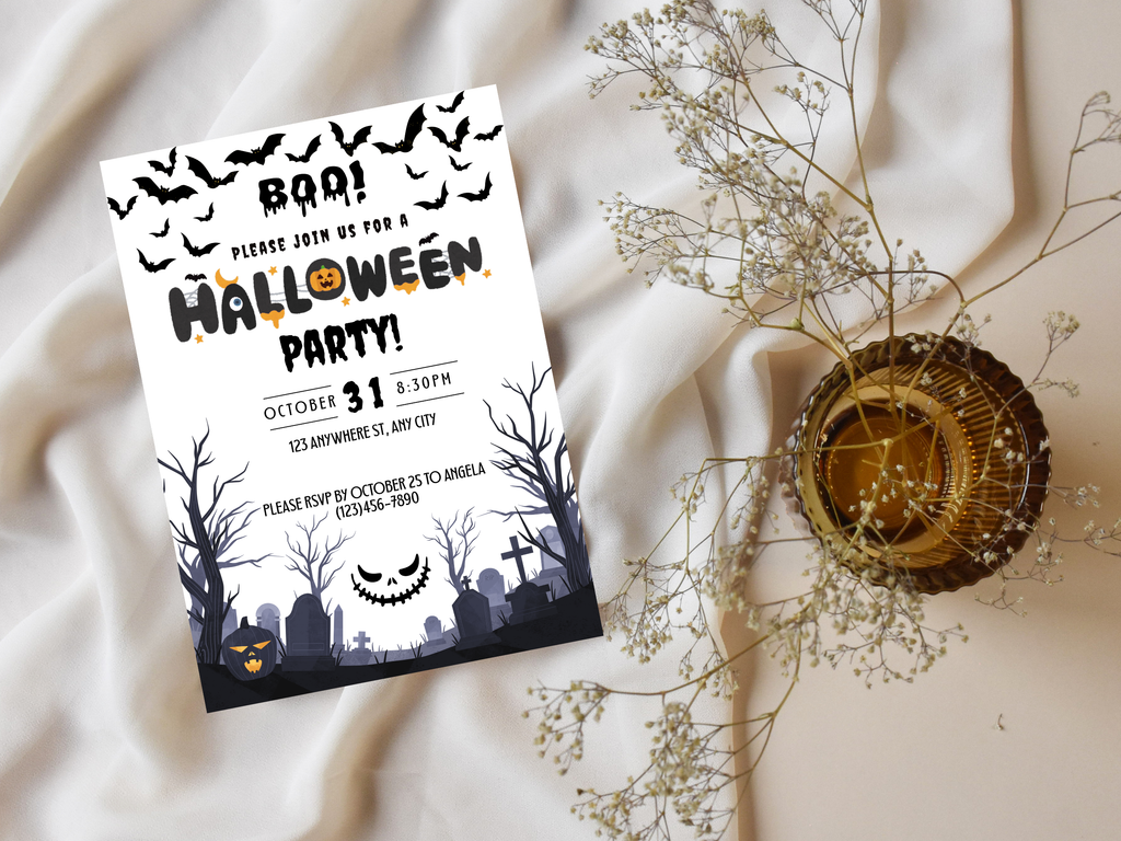 Halloween party invitation with black and white design on a light fabric background