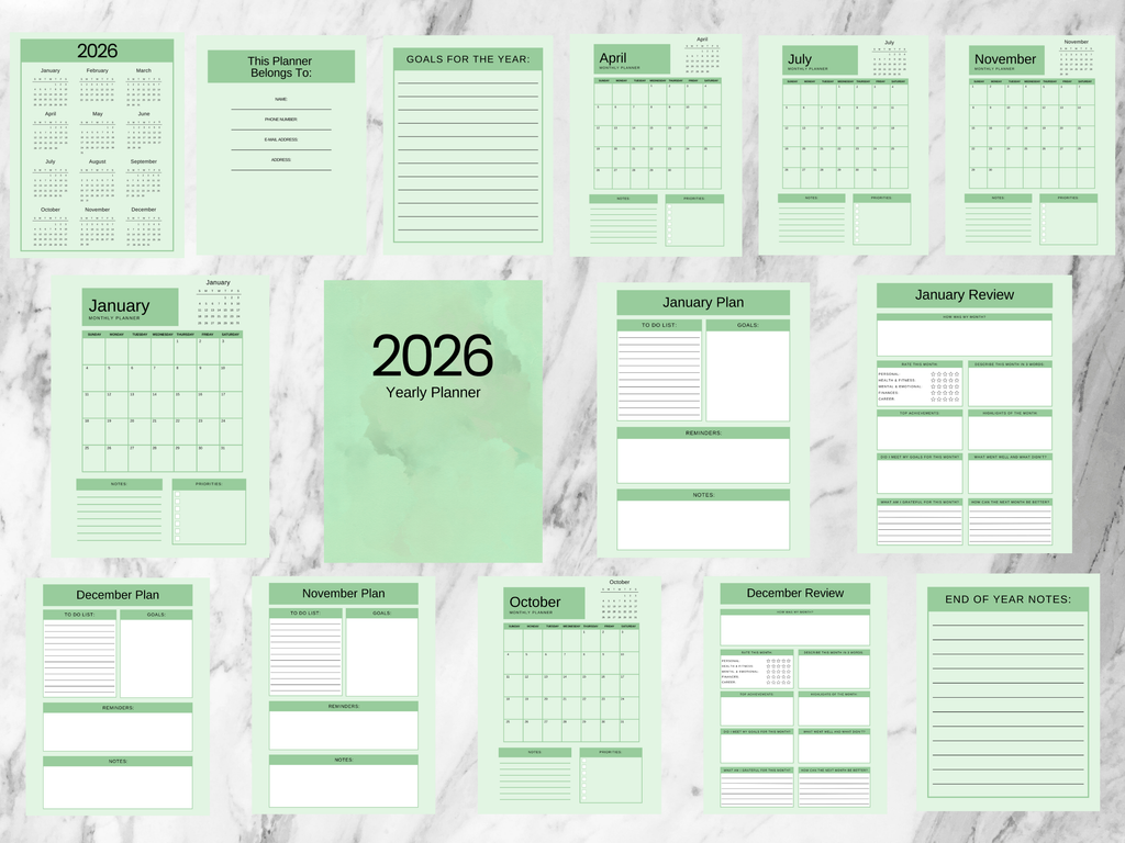 Collection of green planner pages for 2026 on a marble background