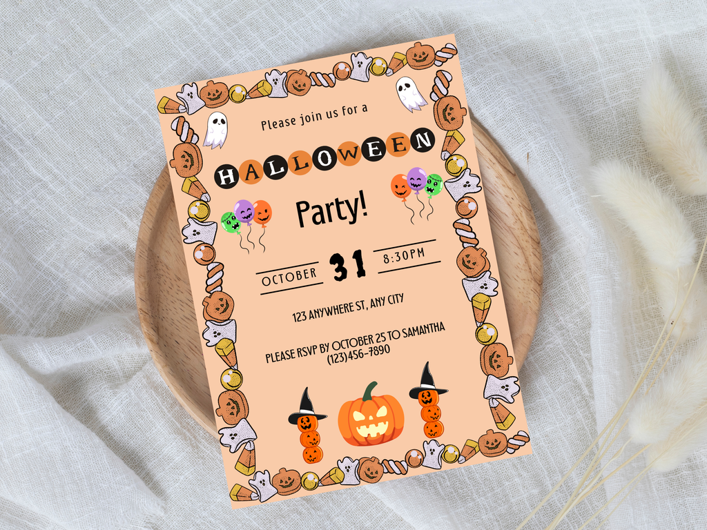 Halloween party invitation with cartoon characters on a white fabric background