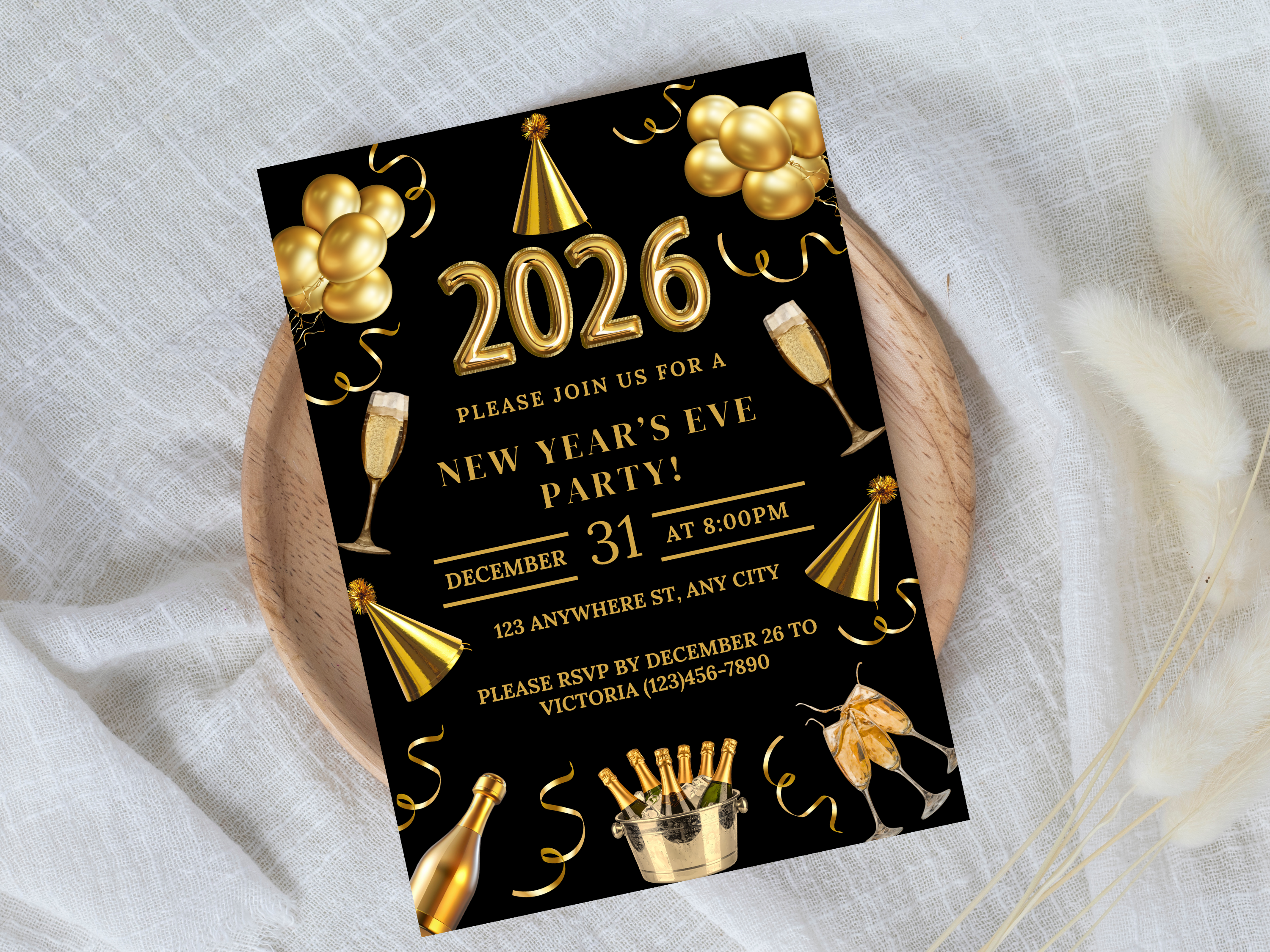 Black and gold party champagne New Year’s Eve invitation, editable digital NYE Countdown to 2026 template

Editable black and gold champagne NYE invite, digital New Year’s Eve party invitation for Countdown to 2026

Party champagne New Year’s Eve invitation in black and gold, Canva editable NYE Countdown to 2026 design

Black and gold champagne themed NYE digital invitation, elegant Countdown to 2026 party template