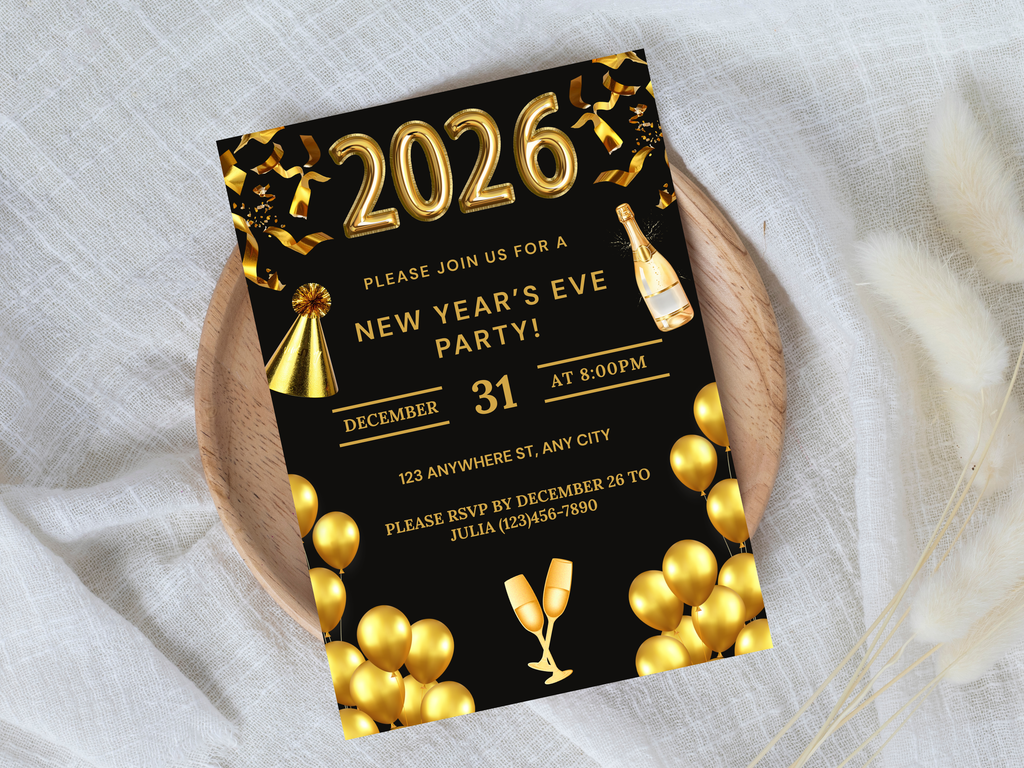 New Year's Eve party invitation with gold balloons and champagne bottle on a white fabric background