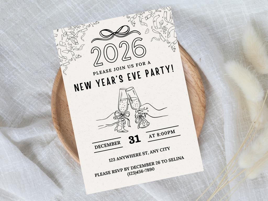 Minimalist hand-drawn doodle New Year’s Eve invitation, editable Canva digital template for NYE party

Editable doodle NYE digital invitation, simple minimalistic New Year’s Eve party Canva template

Hand-drawn minimal New Year’s Eve invitation, digital NYE party invite editable in Canva

Minimalist doodle New Year’s invitation, black and white hand-drawn NYE digital party template