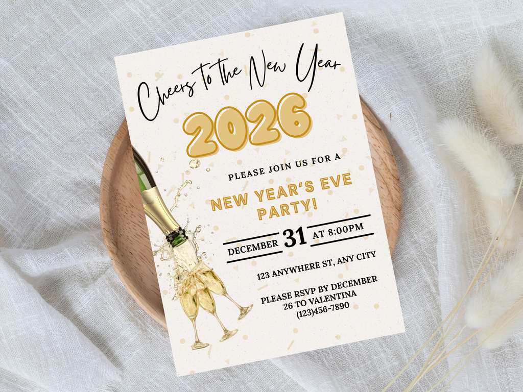 New Year's Eve party invitation with champagne bottle and text on a white background
New Year’s Eve invitation with champagne pouring into a glass, editable digital NYE party template

Champagne pouring into glass New Year’s Eve invite, editable Canva digital party invitation

Elegant NYE invitation with champagne being poured, digital New Year’s Eve celebration template

Champagne pour New Year’s Eve party invitation, editable digital NYE countdown design

Modern New Year’s Eve invite featuring champagne p