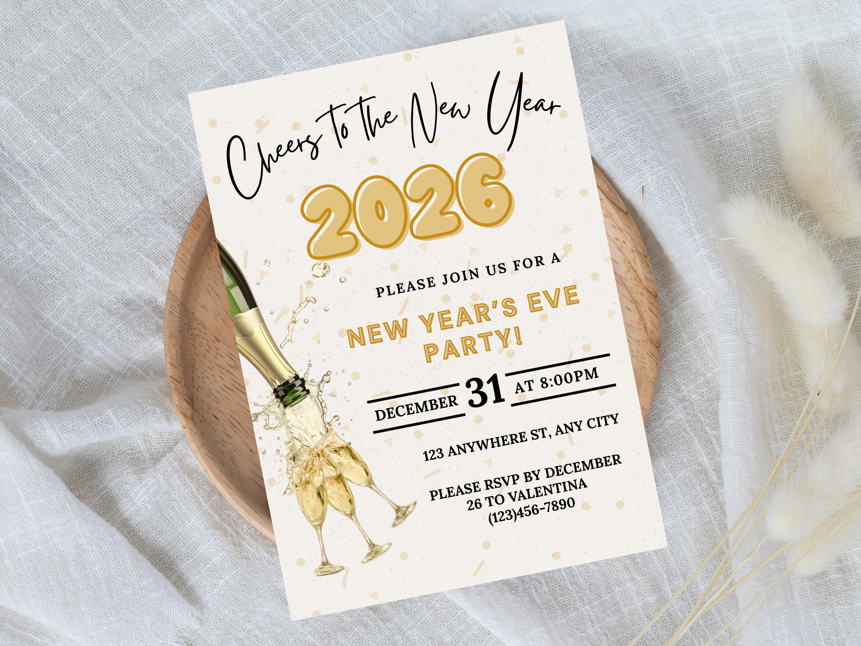 New Year's Eve party invitation with champagne bottle and text on a white background
New Year’s Eve invitation with champagne pouring into a glass, editable digital NYE party template

Champagne pouring into glass New Year’s Eve invite, editable Canva digital party invitation

Elegant NYE invitation with champagne being poured, digital New Year’s Eve celebration template

Champagne pour New Year’s Eve party invitation, editable digital NYE countdown design

Modern New Year’s Eve invite featuring champagne p