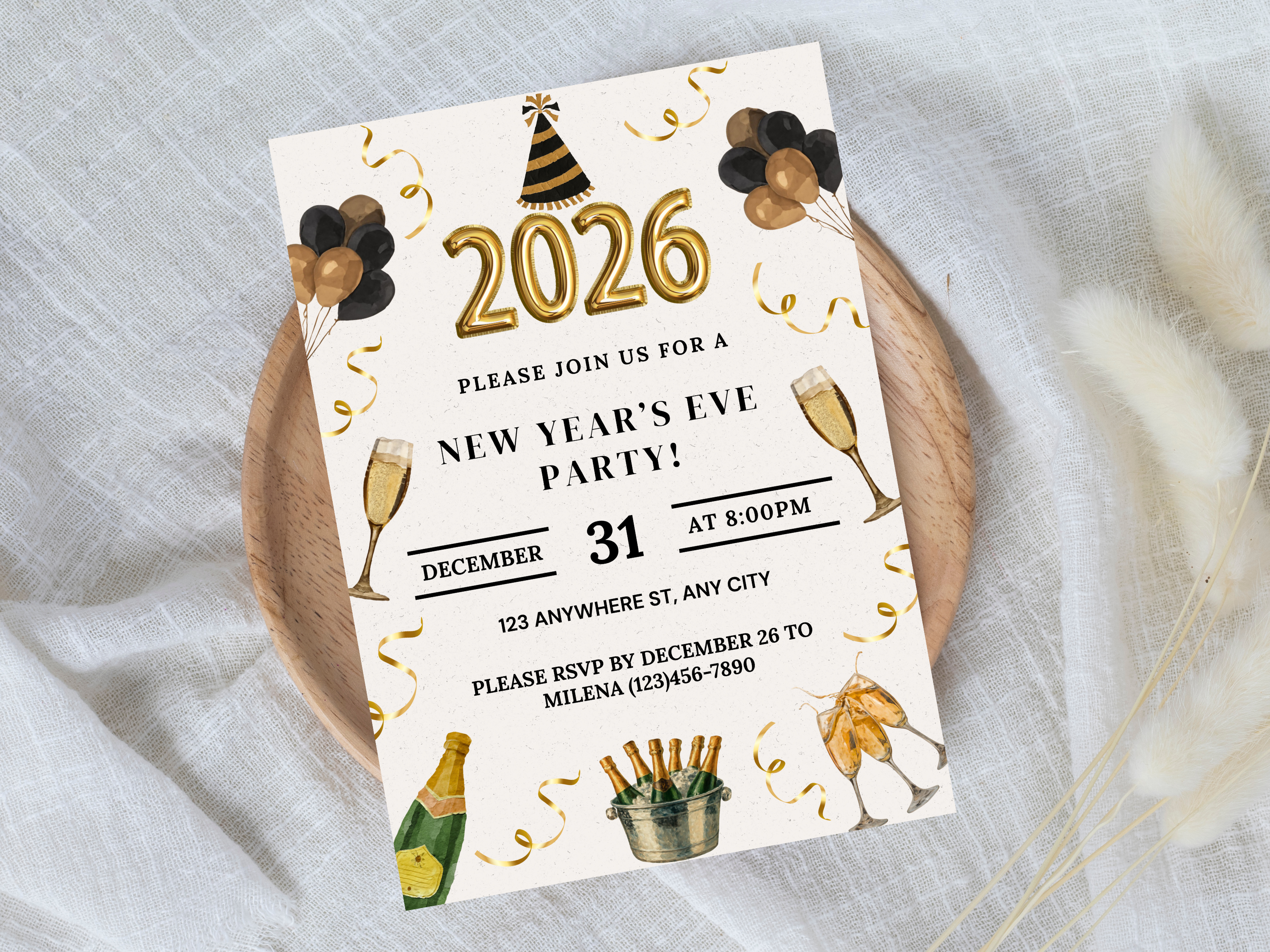 New Year's Eve party invitation with 2026 text on a white background