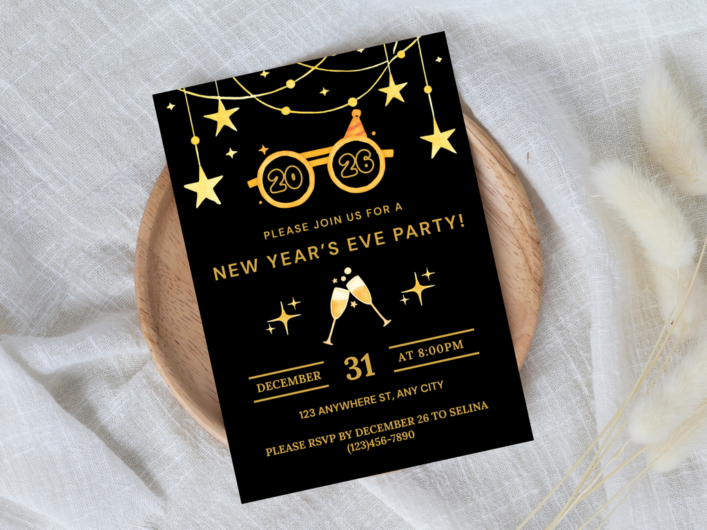 New Year's Eve party invitation card with gold text on a black background, placed on a white fabric surface.