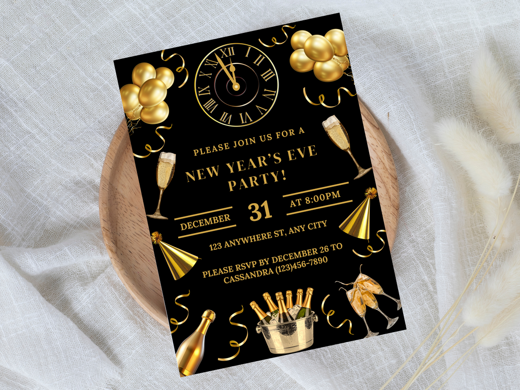 New Year's Eve party invitation with gold balloons and champagne glasses on a black background.
Black and gold New Year’s Eve invitation with champagne, party hats, confetti, glasses, and a midnight countdown clock

Editable black and gold NYE invitation featuring champagne, confetti, party hats, glasses, and a clock striking midnight

Black and gold New Year’s Eve party invite with champagne glasses, party hats, confetti, and a midnight countdown clock

Elegant black and gold NYE digital invitation