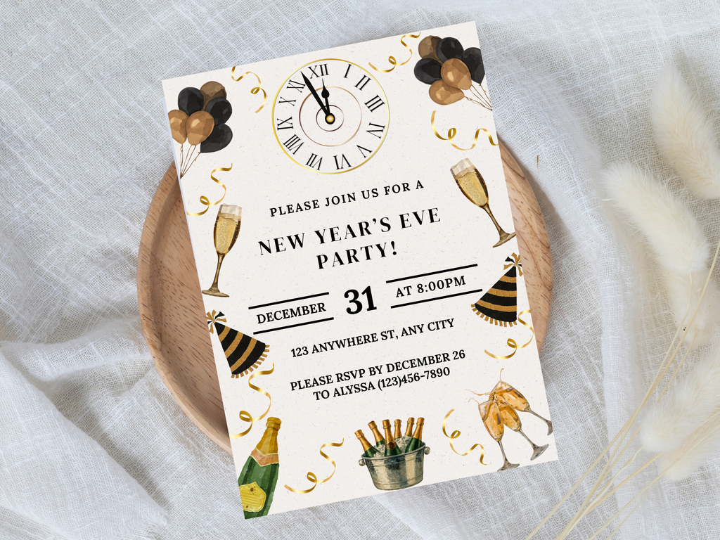 New Year's Eve party invitation card with champagne, balloons, and clock design on a white background.
Beige and gold New Year’s Eve invitation with champagne, party hats, confetti, glasses, and a midnight clock countdown

Editable beige and gold NYE invitation featuring champagne, confetti, party hats, glasses, and a clock striking midnight

New Year’s Eve party invite in beige and gold with champagne glasses, party hats, confetti, and a midnight countdown clock