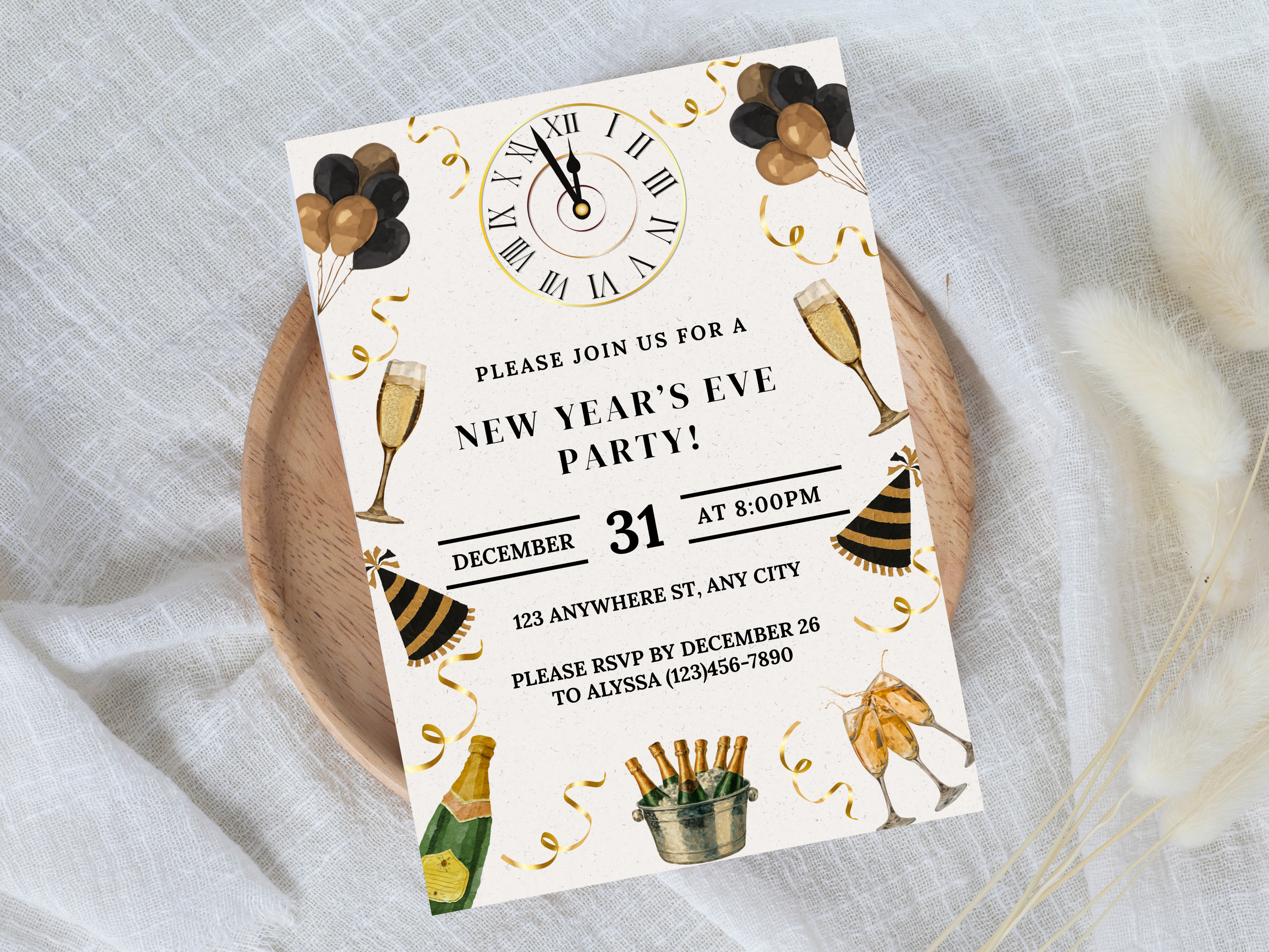 New Year's Eve party invitation card with champagne, balloons, and clock design on a white background.
Beige and gold New Year’s Eve invitation with champagne, party hats, confetti, glasses, and a midnight clock countdown

Editable beige and gold NYE invitation featuring champagne, confetti, party hats, glasses, and a clock striking midnight

New Year’s Eve party invite in beige and gold with champagne glasses, party hats, confetti, and a midnight countdown clock