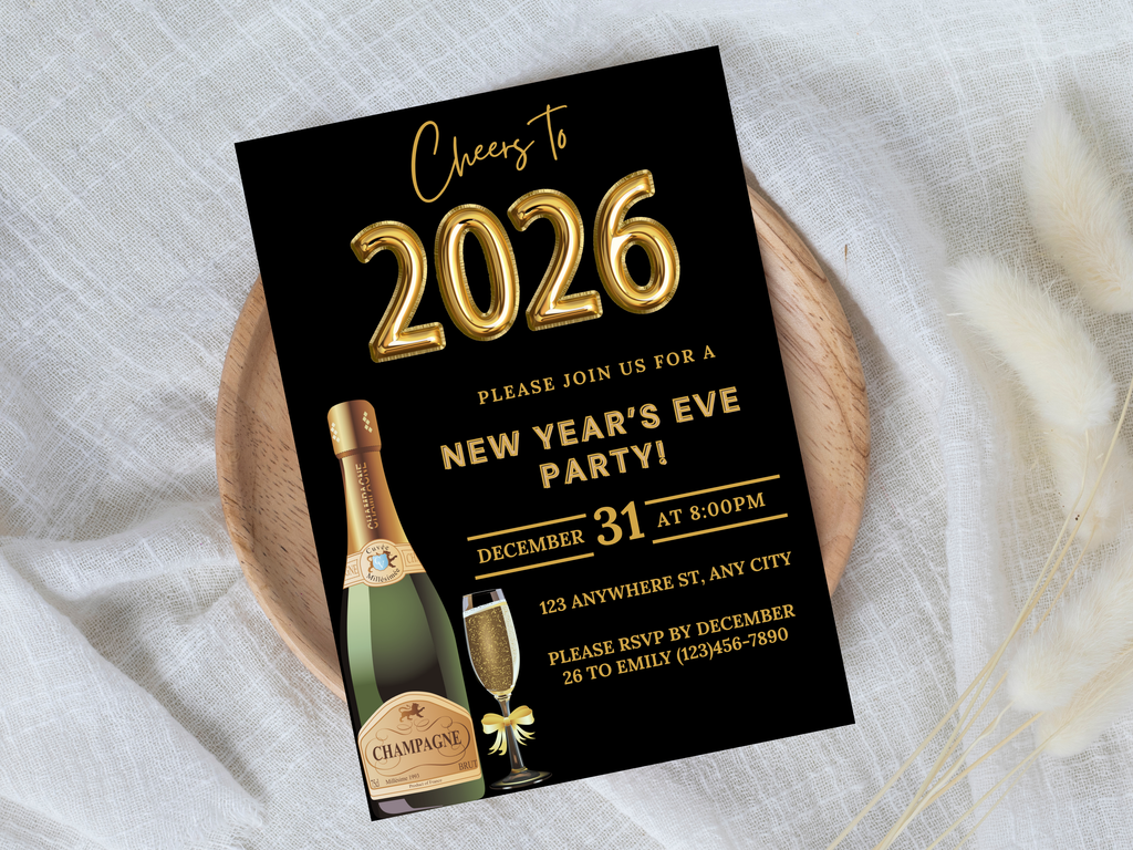 Black and gold party champagne New Year’s Eve invitation, editable digital NYE Countdown to 2026 template

Editable black and gold champagne NYE invite, digital New Year’s Eve party invitation for Countdown to 2026

Party champagne New Year’s Eve invitation in black and gold, Canva editable NYE Countdown to 2026 design

Black and gold champagne themed NYE digital invitation, elegant Countdown to 2026 party template