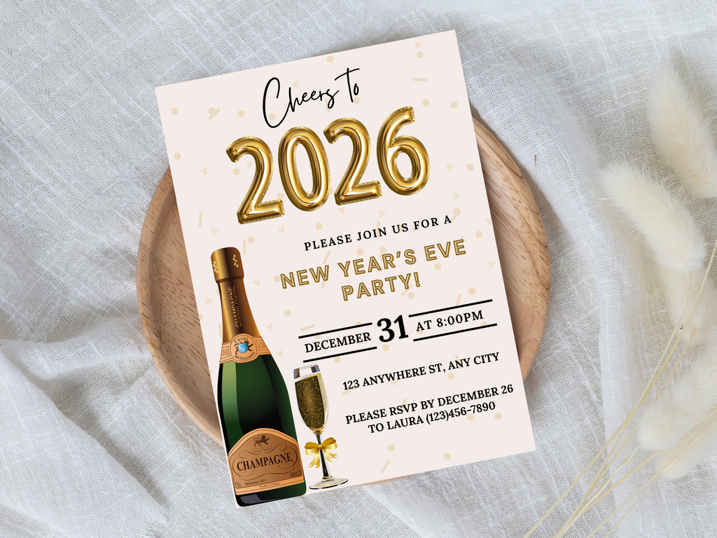 Champagne bottle and glass New Year’s Eve party invitation, editable Canva digital template in black and gold
Editable Champagne bottle NYE invitation with champagne glass, digital New Year’s Eve party template
Black and gold Champagne bottle and glass New Year’s Eve invite