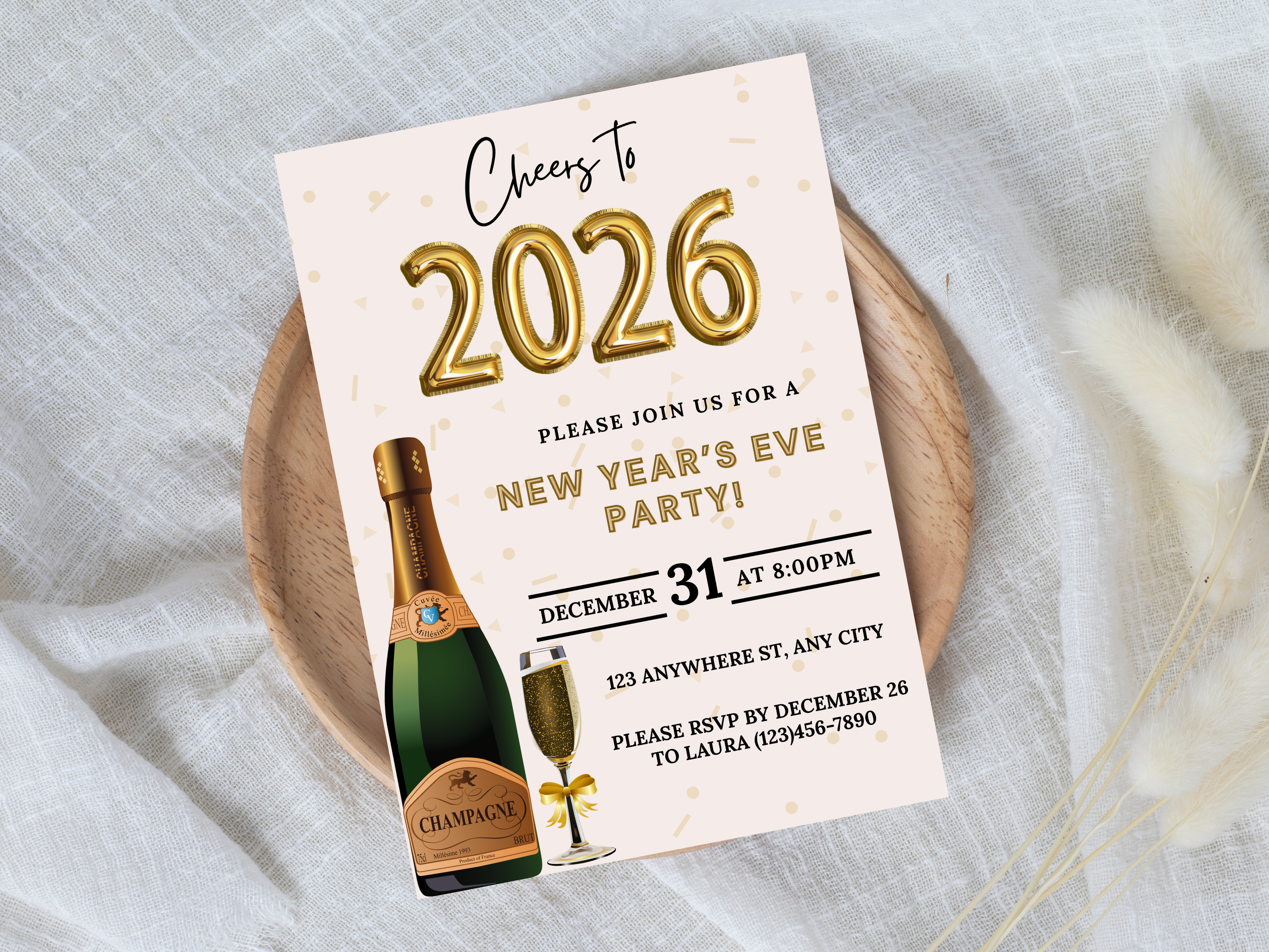 Champagne bottle and glass New Year’s Eve party invitation, editable Canva digital template in black and gold
Editable Champagne bottle NYE invitation with champagne glass, digital New Year’s Eve party template
Black and gold Champagne bottle and glass New Year’s Eve invite