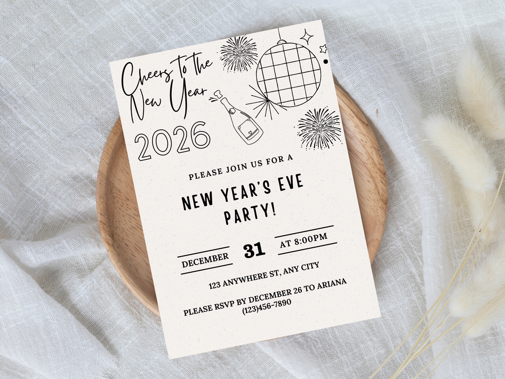 Minimalist hand-drawn doodle New Year’s Eve invitation, editable Canva digital template for NYE party
Editable doodle NYE digital invitation, simple minimalistic New Year’s Eve party Canva template
Hand-drawn minimal New Year’s Eve invitation, digital NYE party invite editable in Canva
Minimalist doodle New Year’s invitation, black and white hand-drawn NYE digital party template