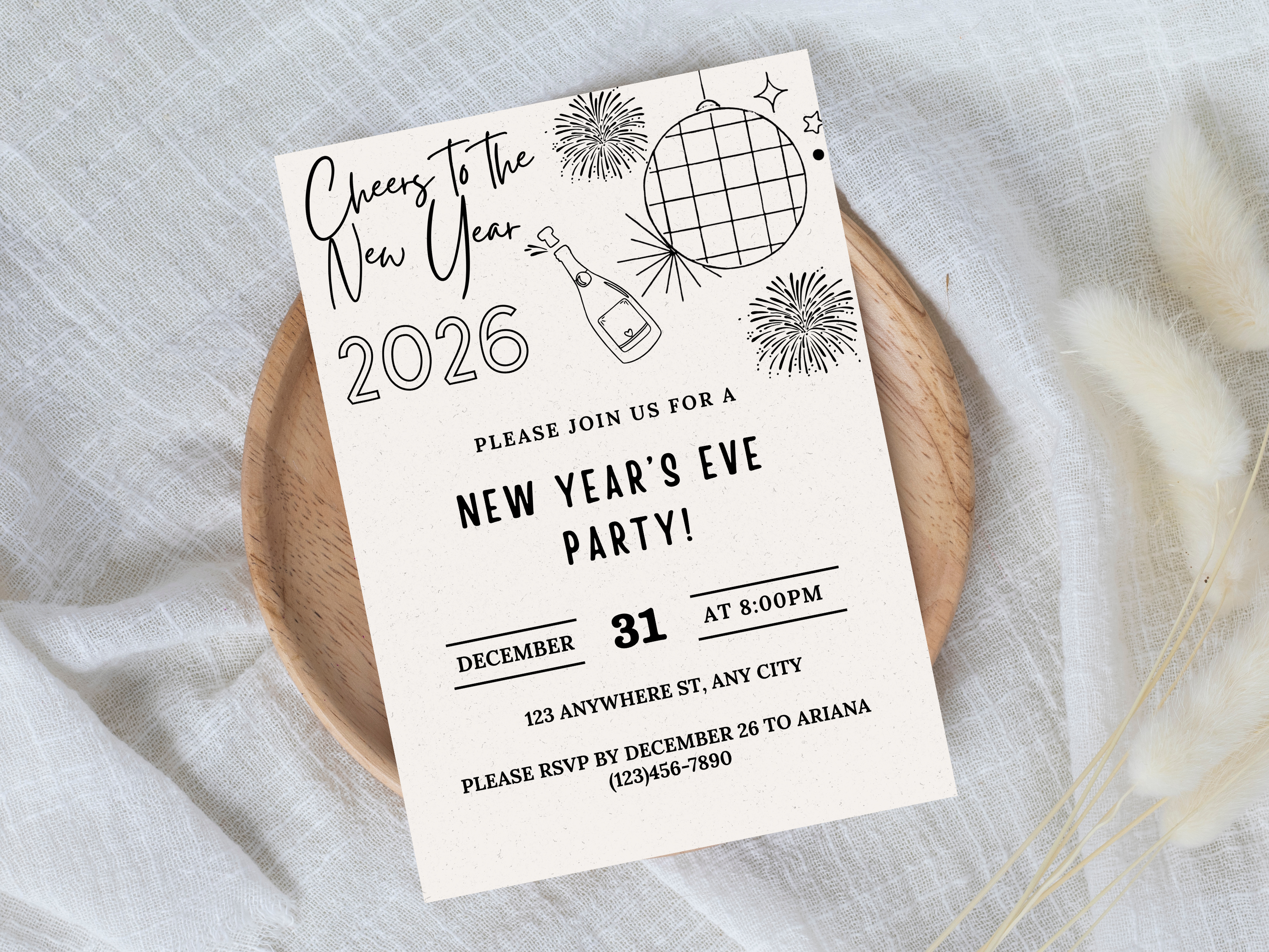 Minimalist hand-drawn doodle New Year’s Eve invitation, editable Canva digital template for NYE party
Editable doodle NYE digital invitation, simple minimalistic New Year’s Eve party Canva template
Hand-drawn minimal New Year’s Eve invitation, digital NYE party invite editable in Canva
Minimalist doodle New Year’s invitation, black and white hand-drawn NYE digital party template