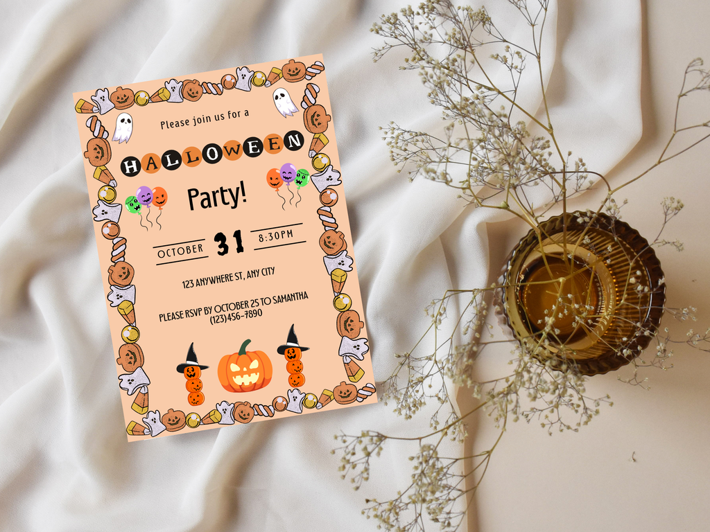 Halloween party invitation with decorative border on a soft fabric background