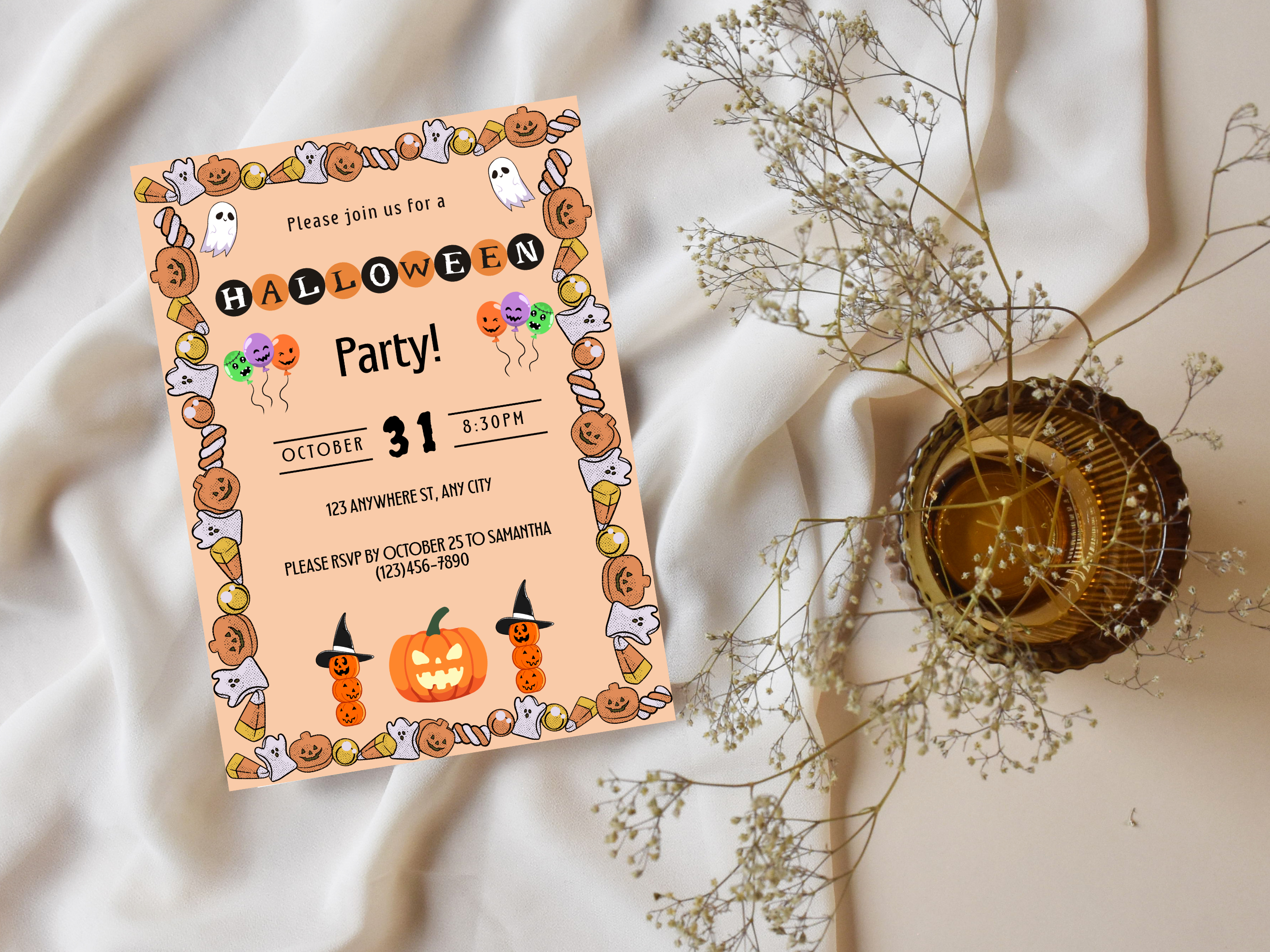 Halloween party invitation with decorative border on a soft fabric background