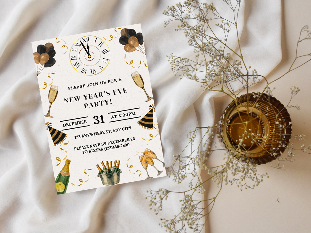 New Year's Eve party invitation card with champagne and balloons on a white fabric background.
Beige and gold New Year’s Eve invitation with champagne, party hats, confetti, glasses, and a midnight clock countdown

Editable beige and gold NYE invitation featuring champagne, confetti, party hats, glasses, and a clock striking midnight

New Year’s Eve party invite in beige and gold with champagne glasses, party hats, confetti, and a midnight countdown clock
