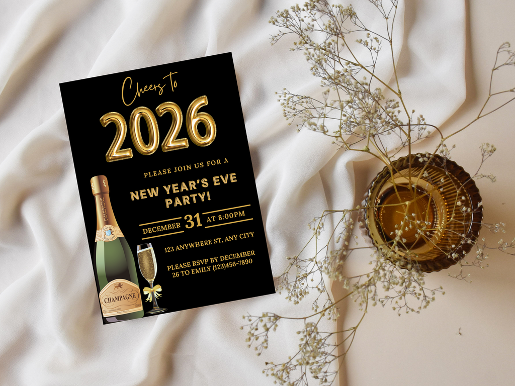 Black and gold party champagne New Year’s Eve invitation, editable digital NYE Countdown to 2026 template

Editable black and gold champagne NYE invite, digital New Year’s Eve party invitation for Countdown to 2026

Party champagne New Year’s Eve invitation in black and gold, Canva editable NYE Countdown to 2026 design

Black and gold champagne themed NYE digital invitation, elegant Countdown to 2026 party template
